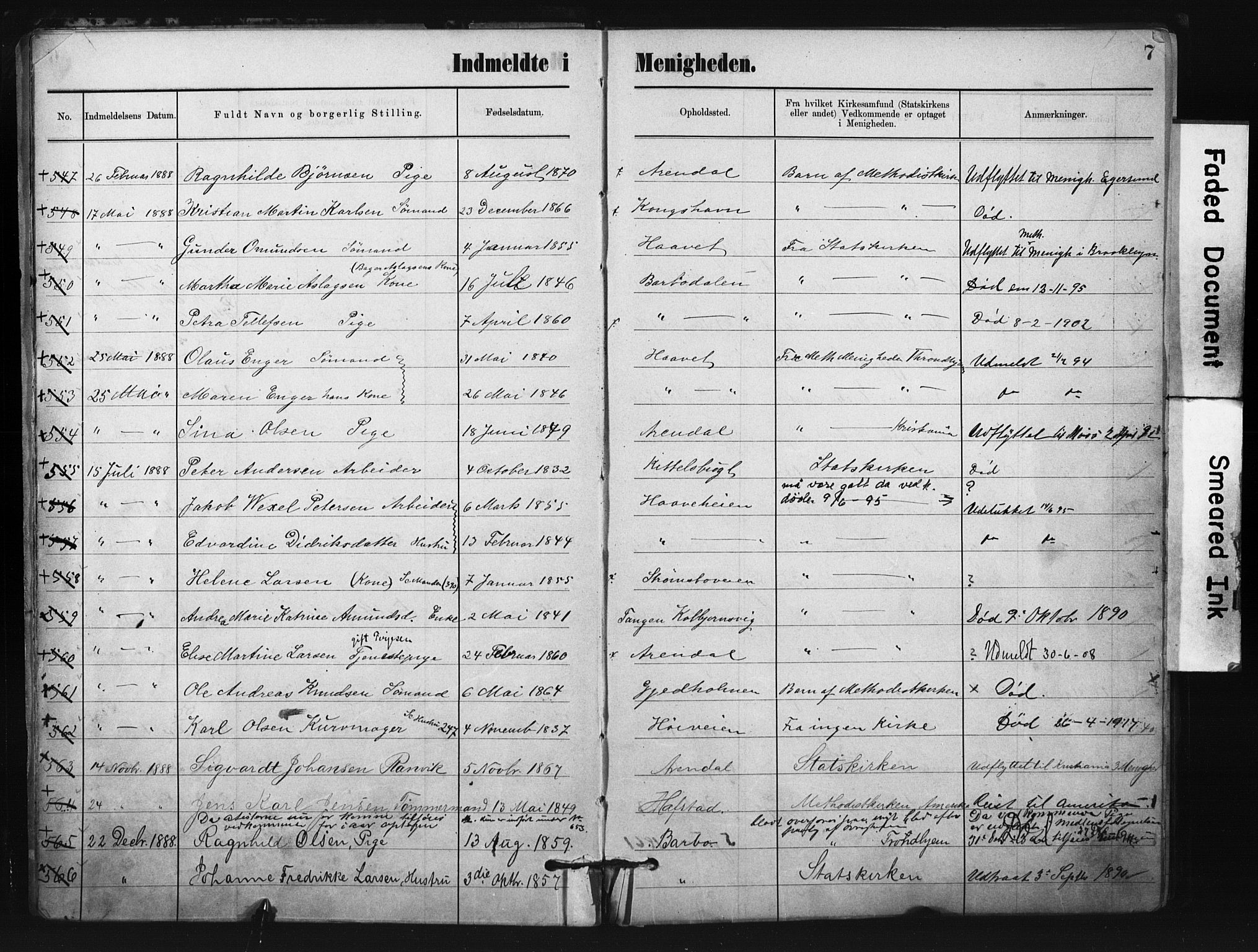 Metodistmenigheten, Arendal, SAK/1292-0011/F/Fa/L0004: Dissenter register no. F-4, 1883-1892, p. 7