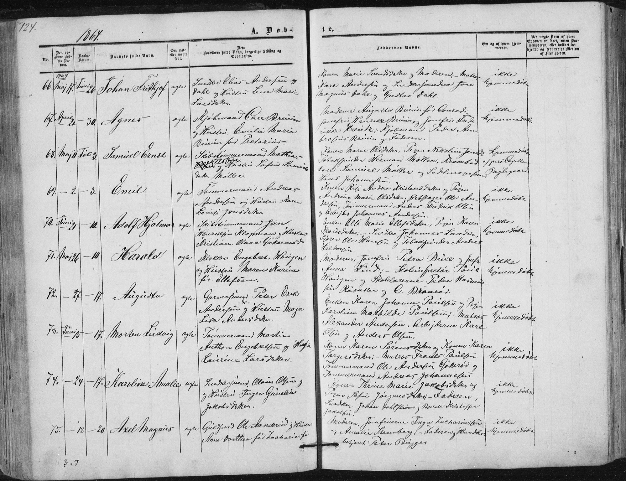 Tønsberg kirkebøker, SAKO/A-330/F/Fa/L0008: Parish register (official) no. I 8, 1855-1864, p. 124