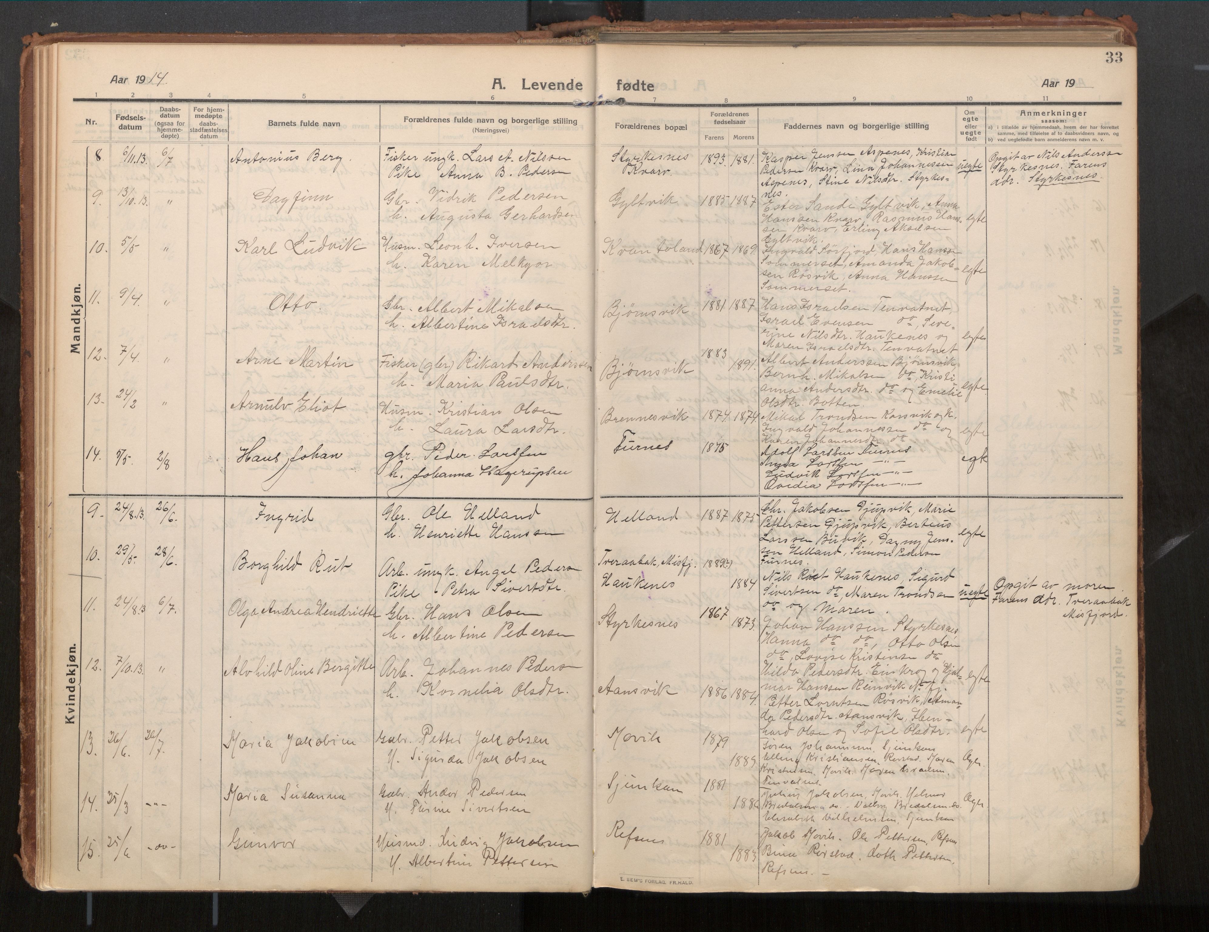 Ministerialprotokoller, klokkerbøker og fødselsregistre - Nordland, SAT/A-1459/854/L0784: Parish register (official) no. 854A07, 1910-1922, p. 33