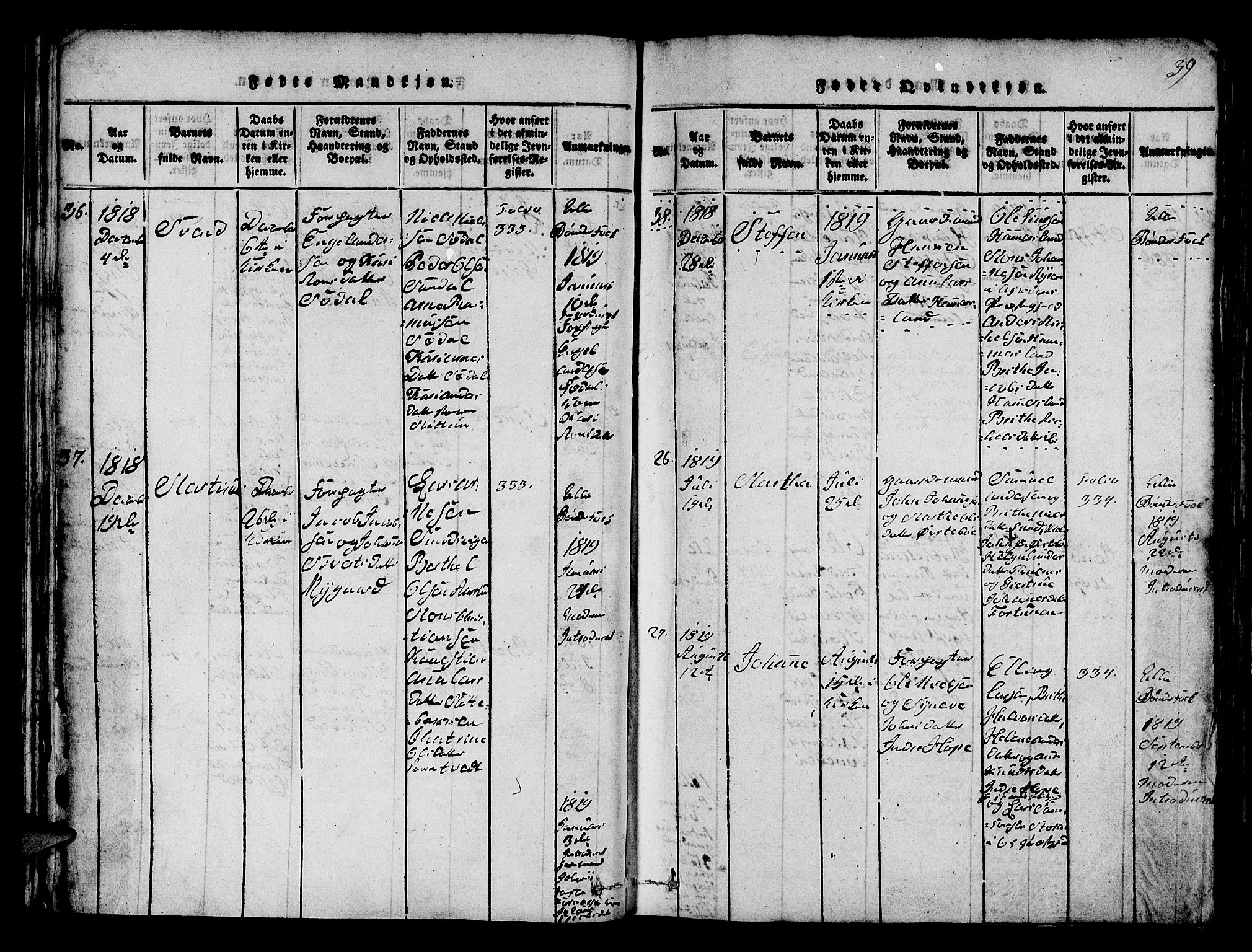 Fana Sokneprestembete, SAB/A-75101/H/Hab/Haba/L0001: Parish register (copy) no. A 1, 1816-1836, p. 39