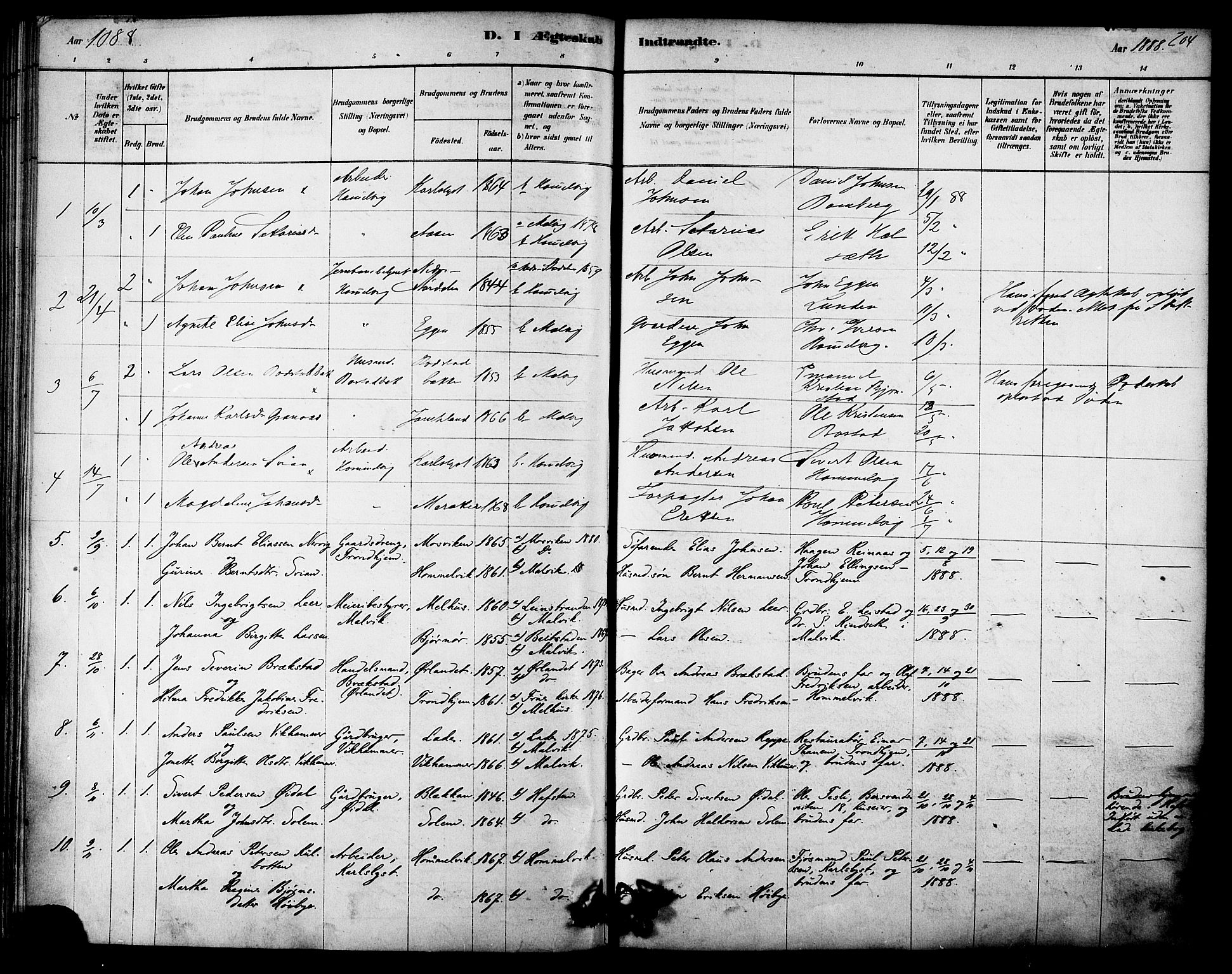 Ministerialprotokoller, klokkerbøker og fødselsregistre - Sør-Trøndelag, SAT/A-1456/616/L0410: Parish register (official) no. 616A07, 1878-1893, p. 204