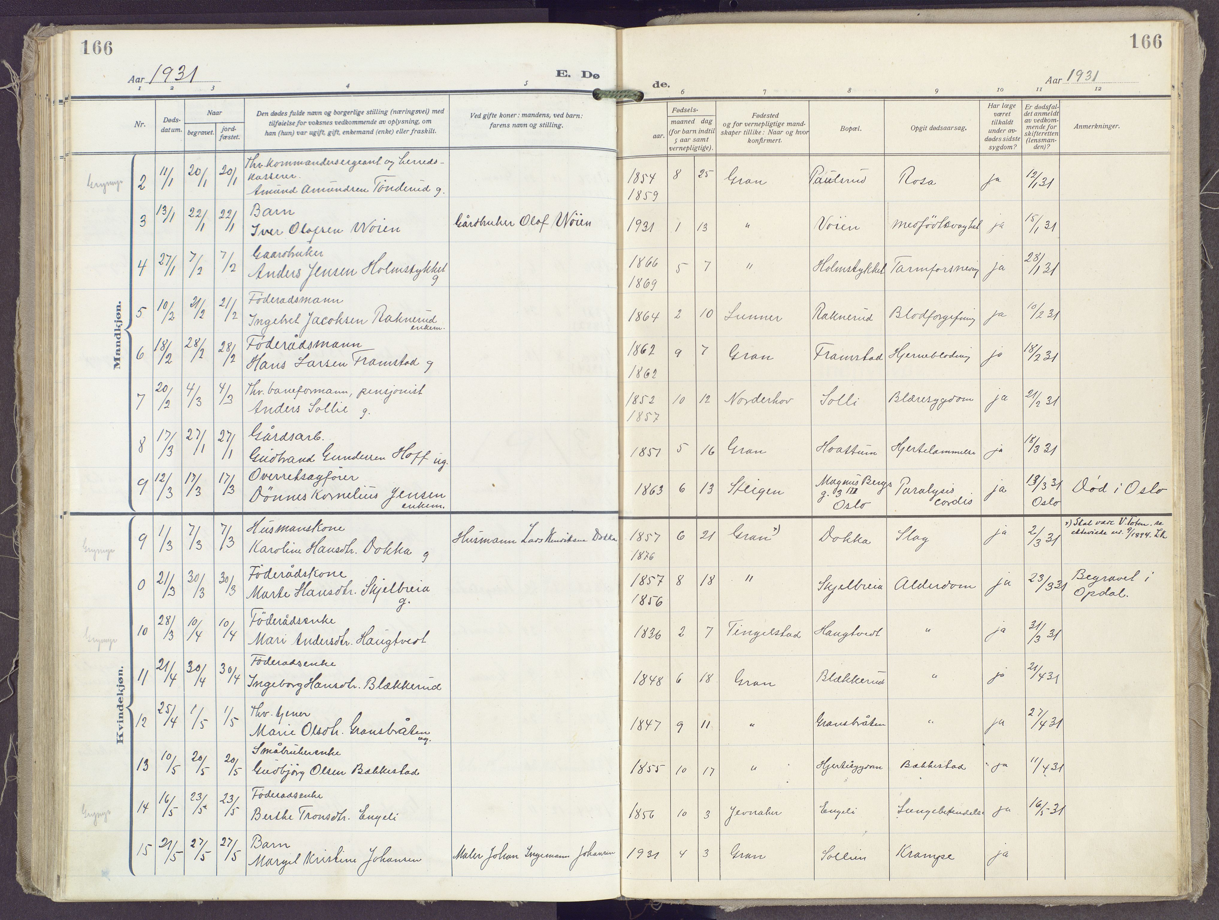 Gran prestekontor, AV/SAH-PREST-112/H/Ha/Haa/L0023: Parish register (official) no. 23, 1919-1938, p. 166