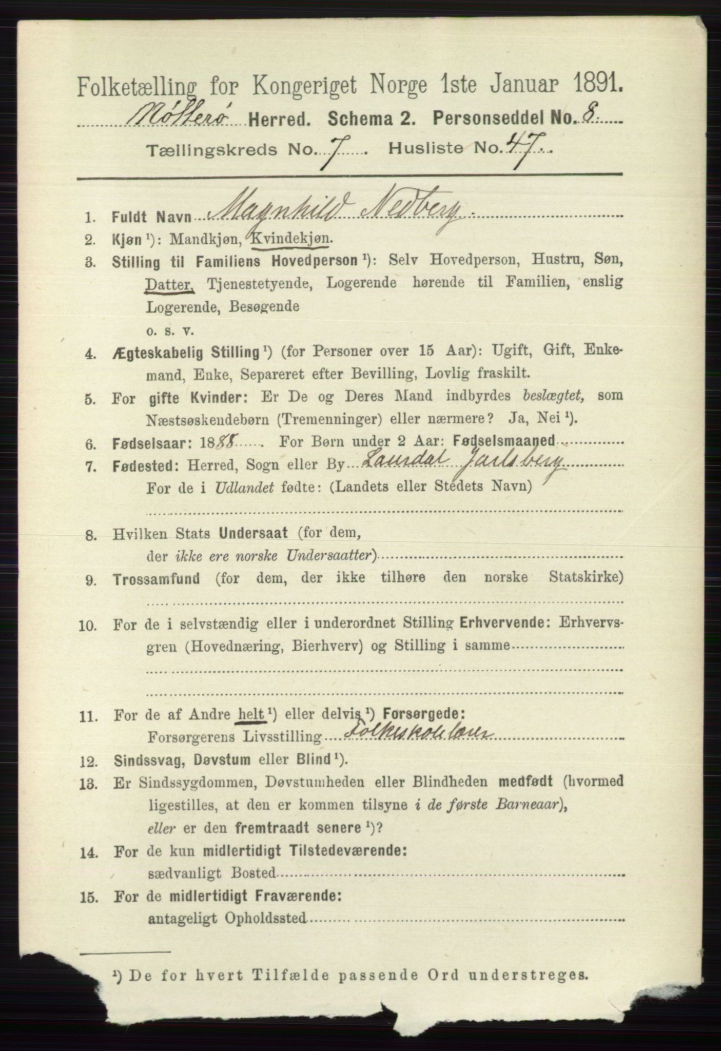 RA, 1891 census for 0722 Nøtterøy, 1891, p. 3748