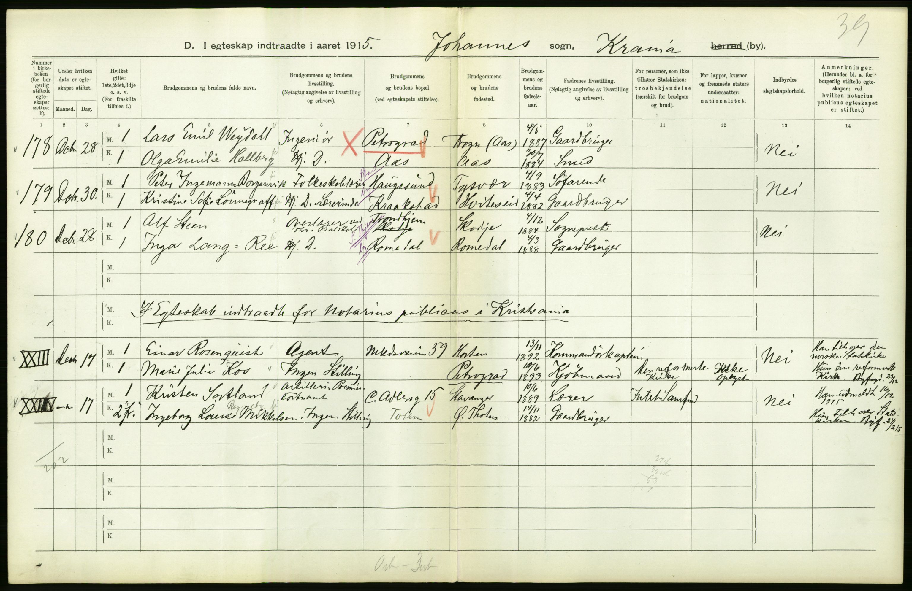 Statistisk sentralbyrå, Sosiodemografiske emner, Befolkning, RA/S-2228/D/Df/Dfb/Dfbe/L0008: Kristiania: Gifte., 1915, p. 78