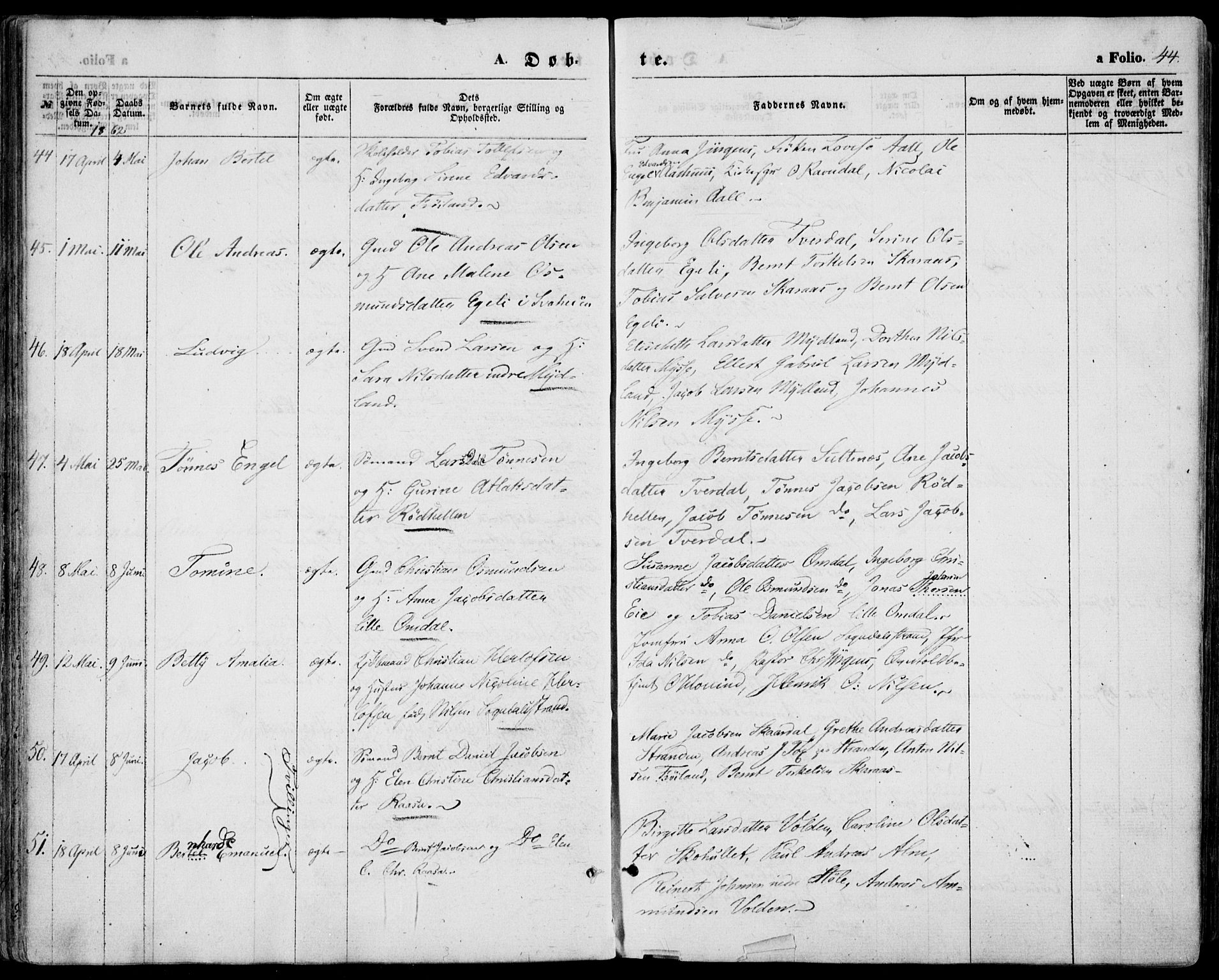 Sokndal sokneprestkontor, AV/SAST-A-101808: Parish register (official) no. A 9, 1857-1874, p. 44