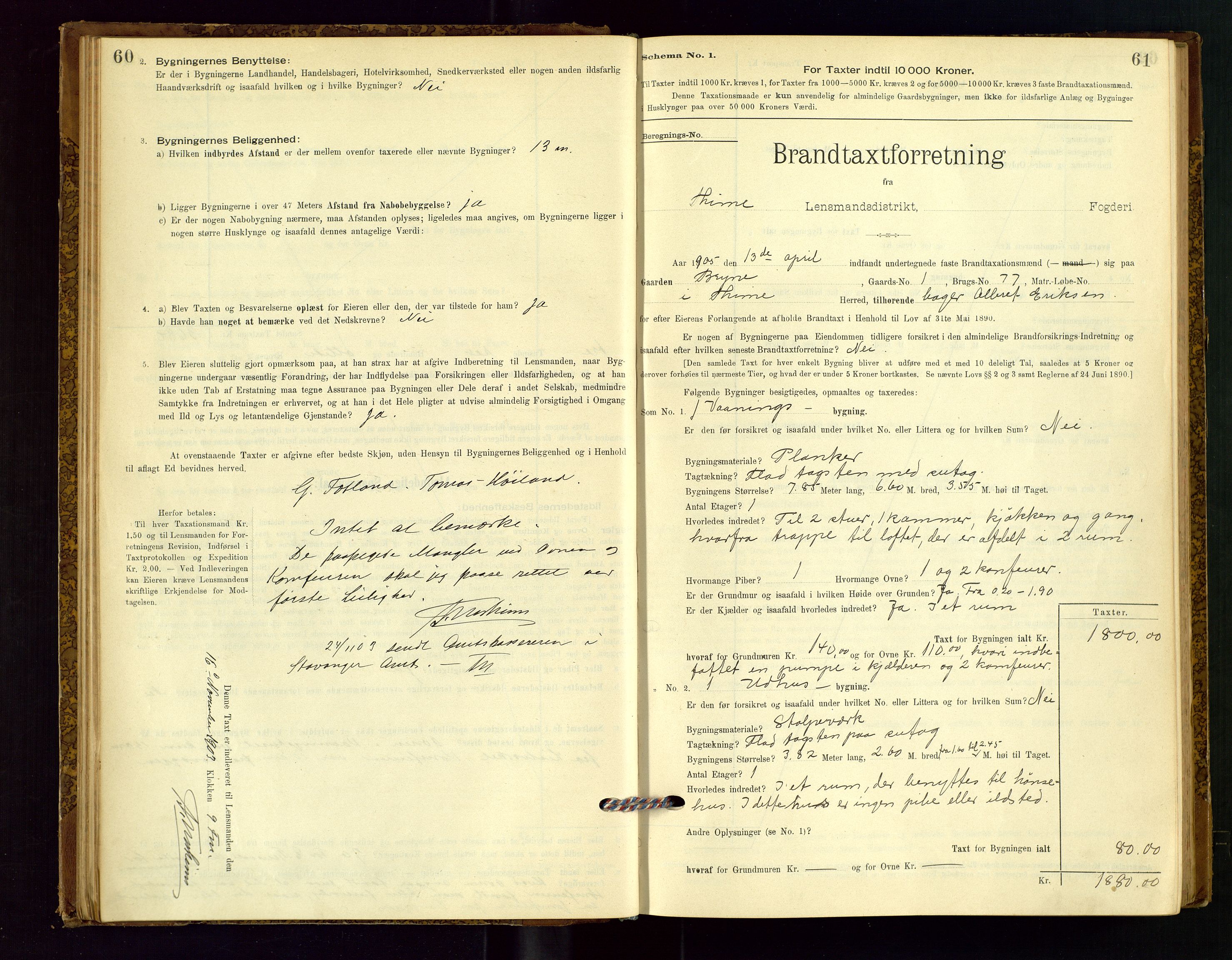 Time lensmannskontor, SAST/A-100420/Gob/L0001: Branntakstprotokoll, 1896-1914, p. 60-61