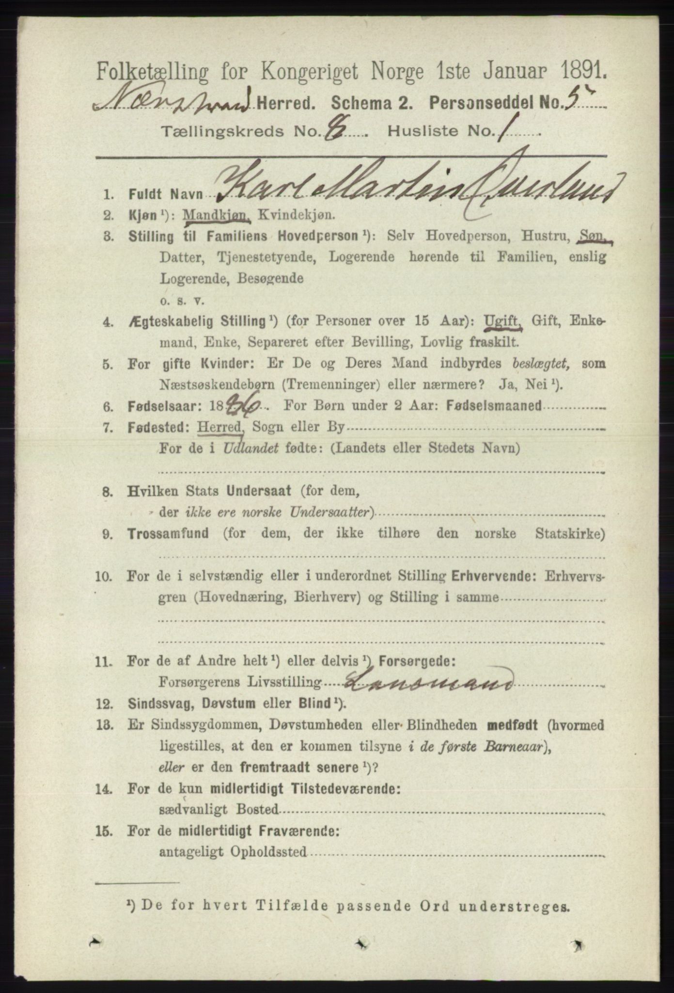 RA, 1891 census for 1139 Nedstrand, 1891, p. 1441