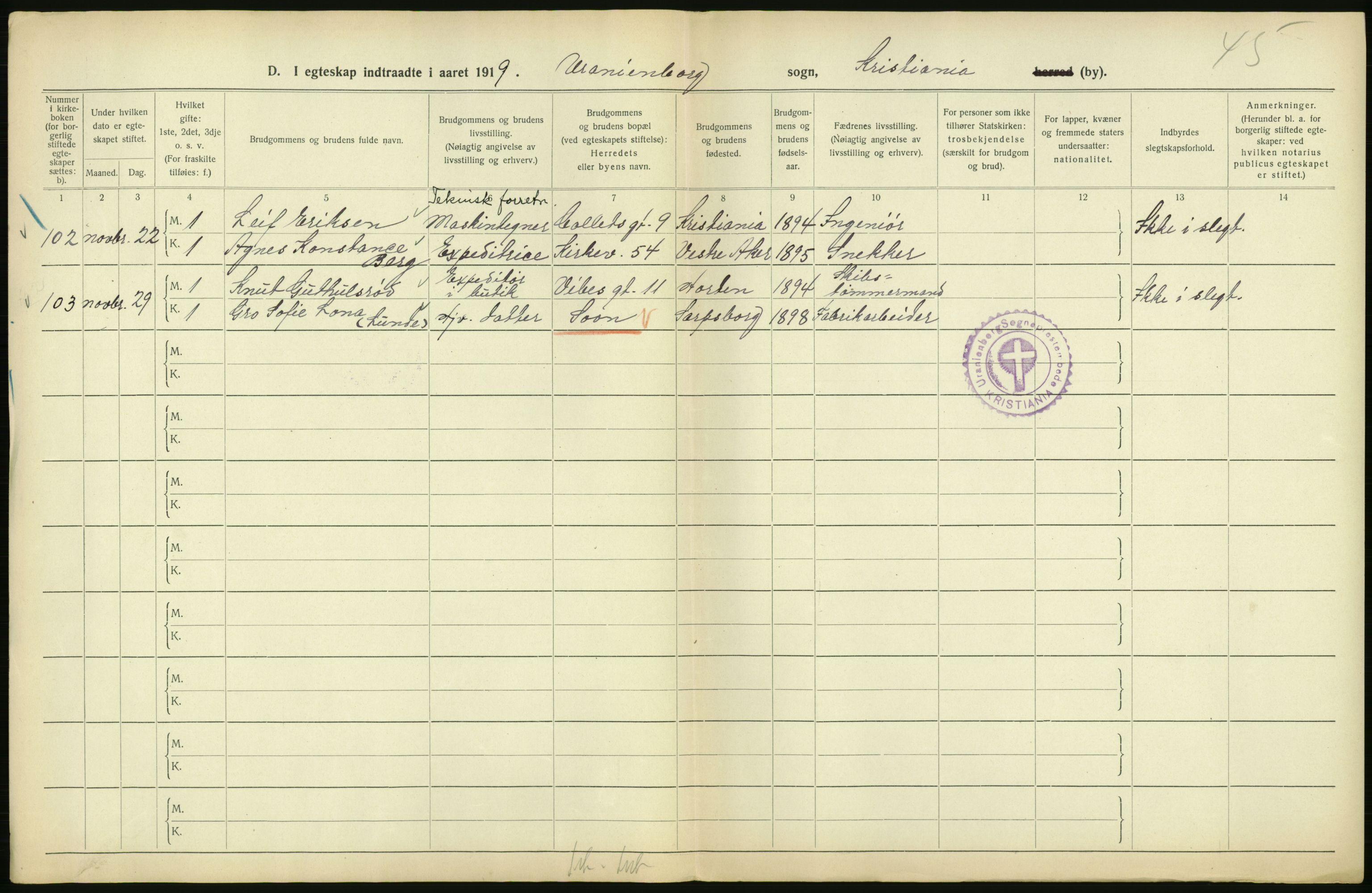 Statistisk sentralbyrå, Sosiodemografiske emner, Befolkning, RA/S-2228/D/Df/Dfb/Dfbi/L0009: Kristiania: Gifte, 1919, p. 232