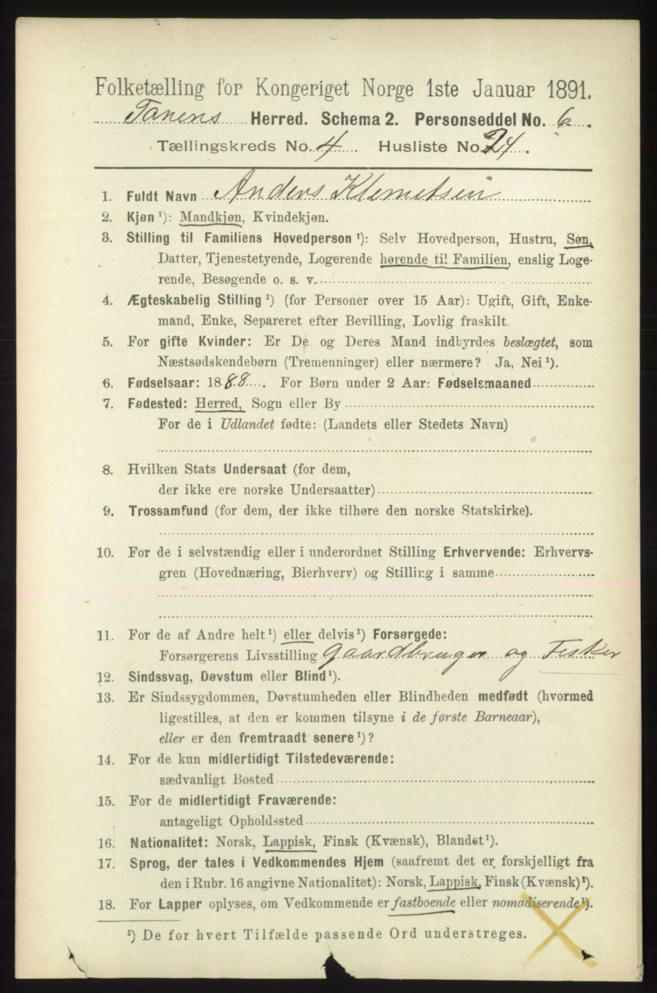 RA, 1891 census for 2025 Tana, 1891, p. 1865