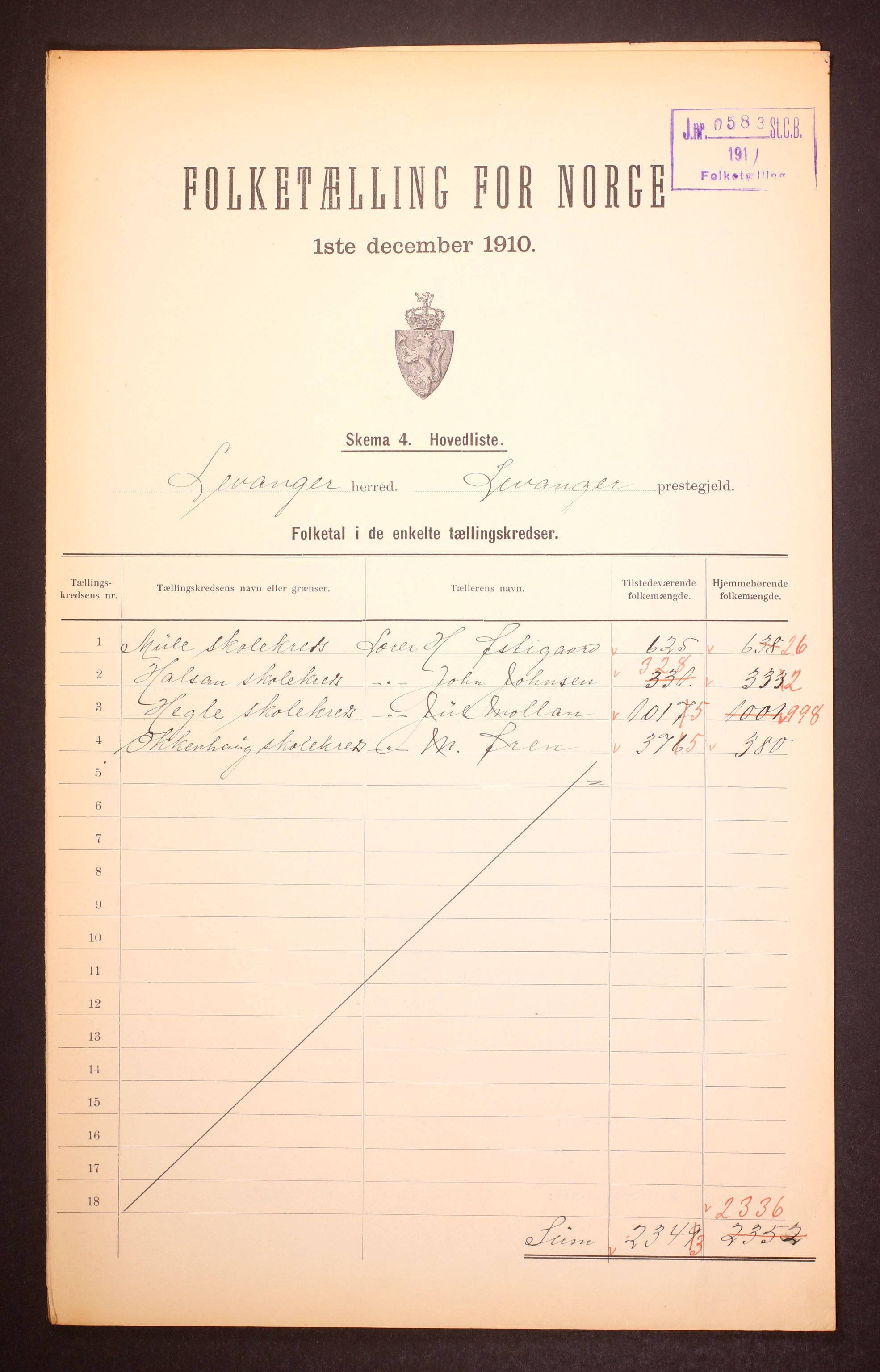 RA, 1910 census for Levanger, 1910, p. 2