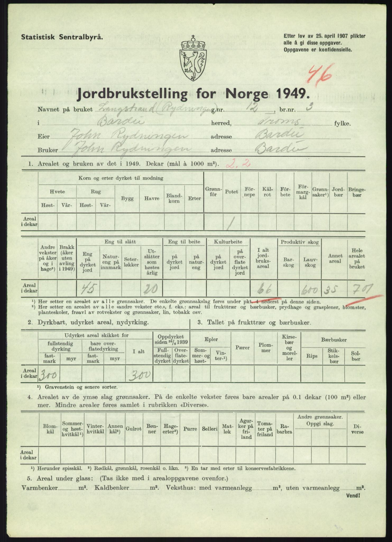 Statistisk sentralbyrå, Næringsøkonomiske emner, Jordbruk, skogbruk, jakt, fiske og fangst, AV/RA-S-2234/G/Gc/L0438: Troms: Salangen og Bardu, 1949, p. 1471