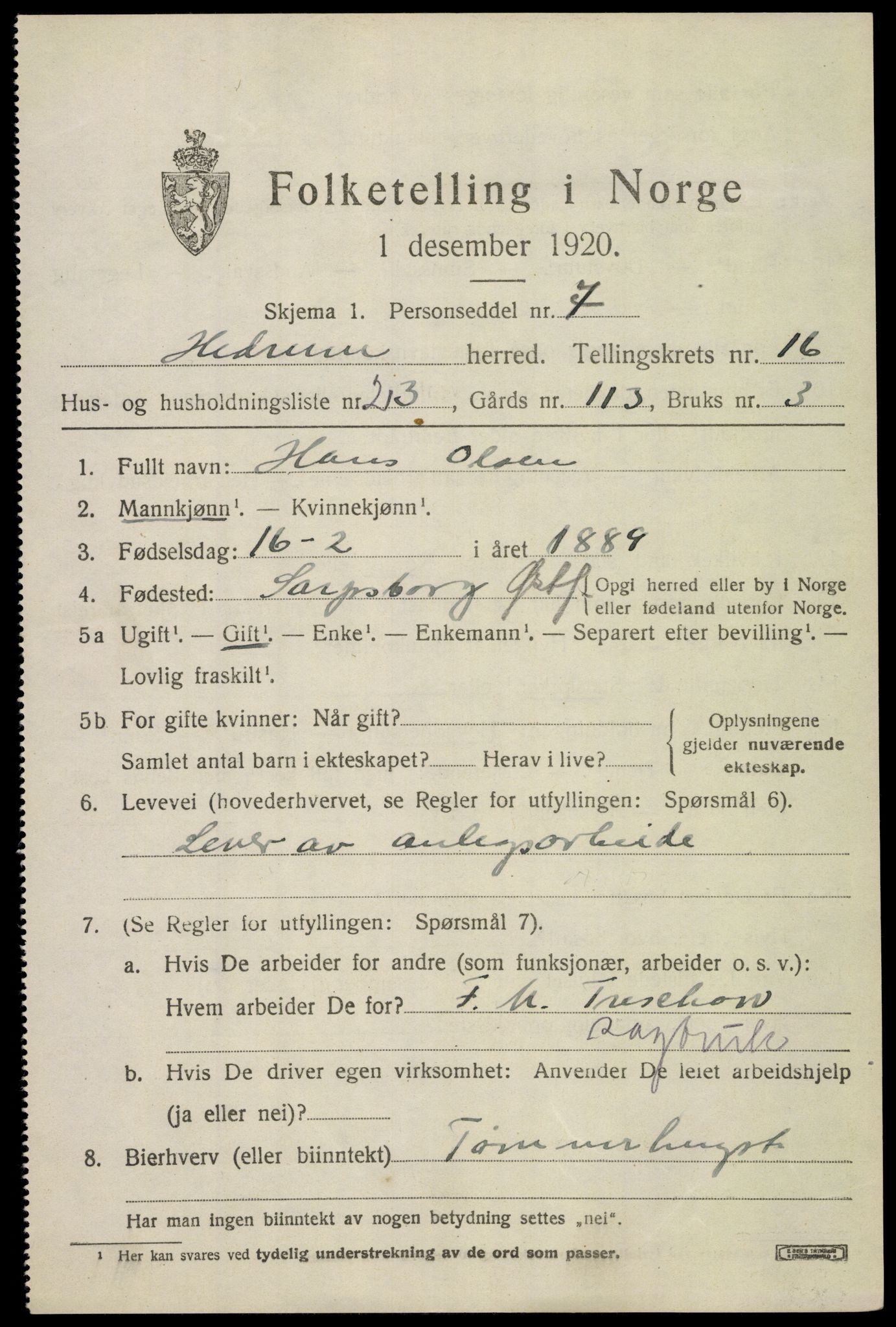 SAKO, 1920 census for Hedrum, 1920, p. 10517