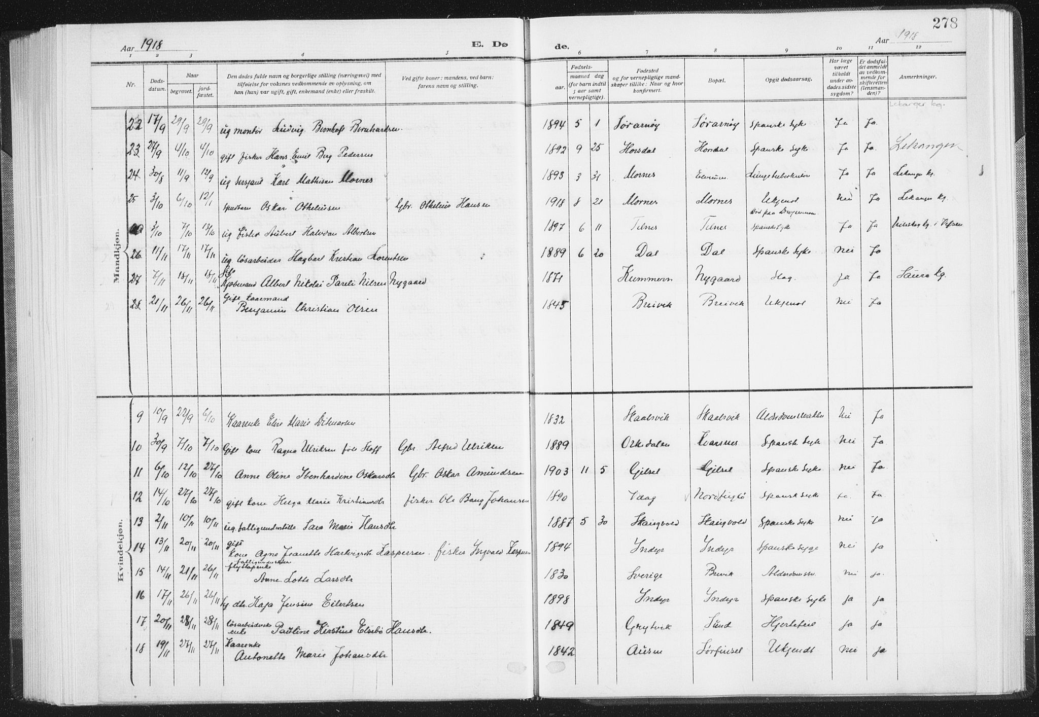 Ministerialprotokoller, klokkerbøker og fødselsregistre - Nordland, AV/SAT-A-1459/805/L0104: Parish register (official) no. 805A09, 1909-1926, p. 278