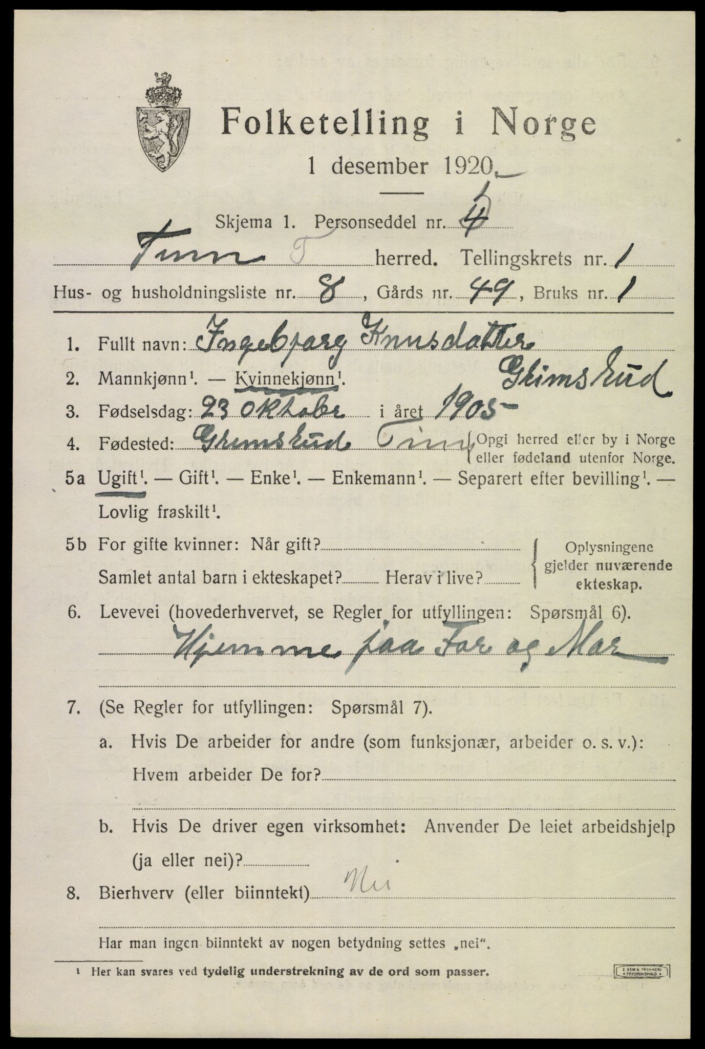 SAKO, 1920 census for Tinn, 1920, p. 2782