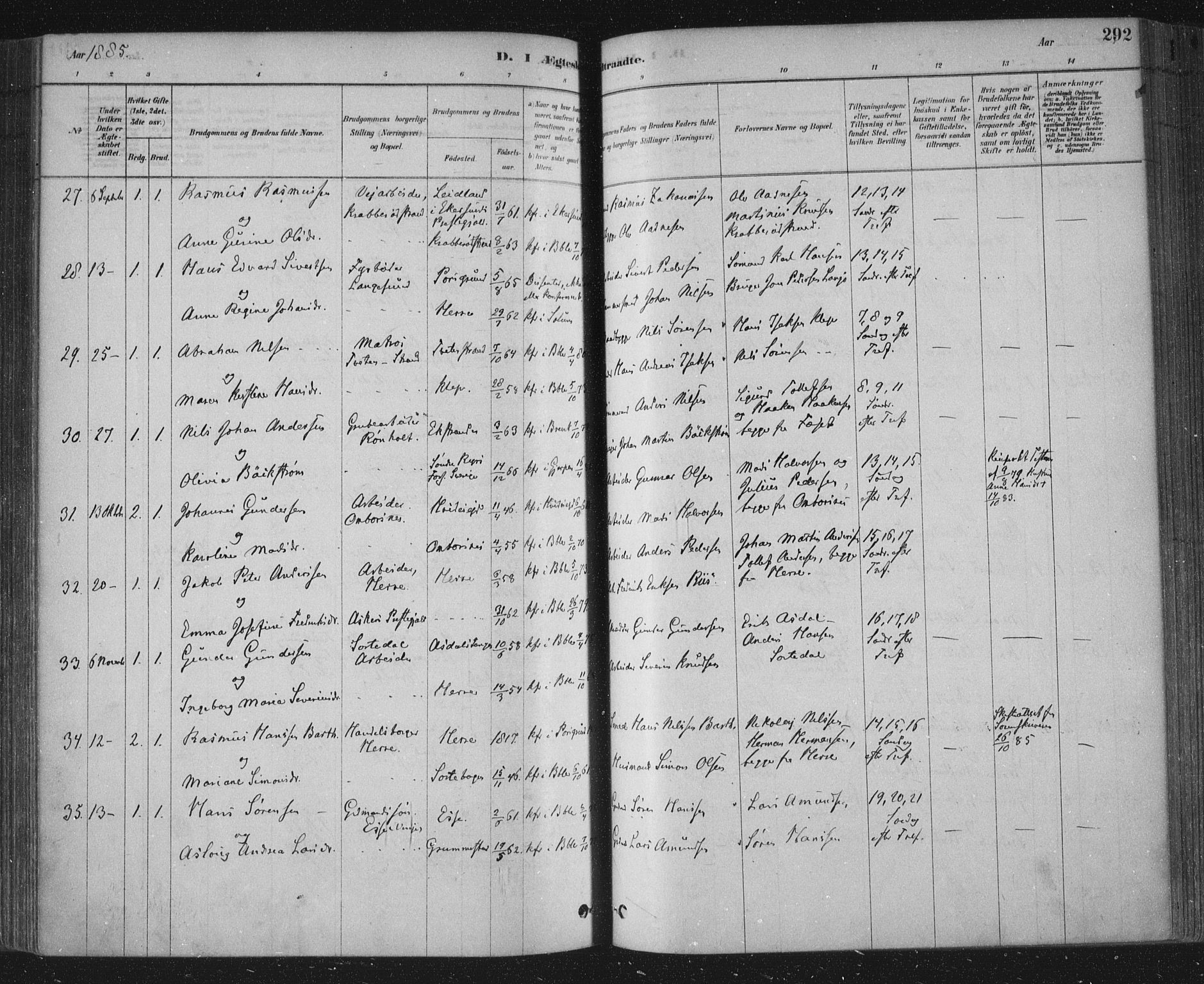 Bamble kirkebøker, SAKO/A-253/F/Fa/L0007: Parish register (official) no. I 7, 1878-1888, p. 292
