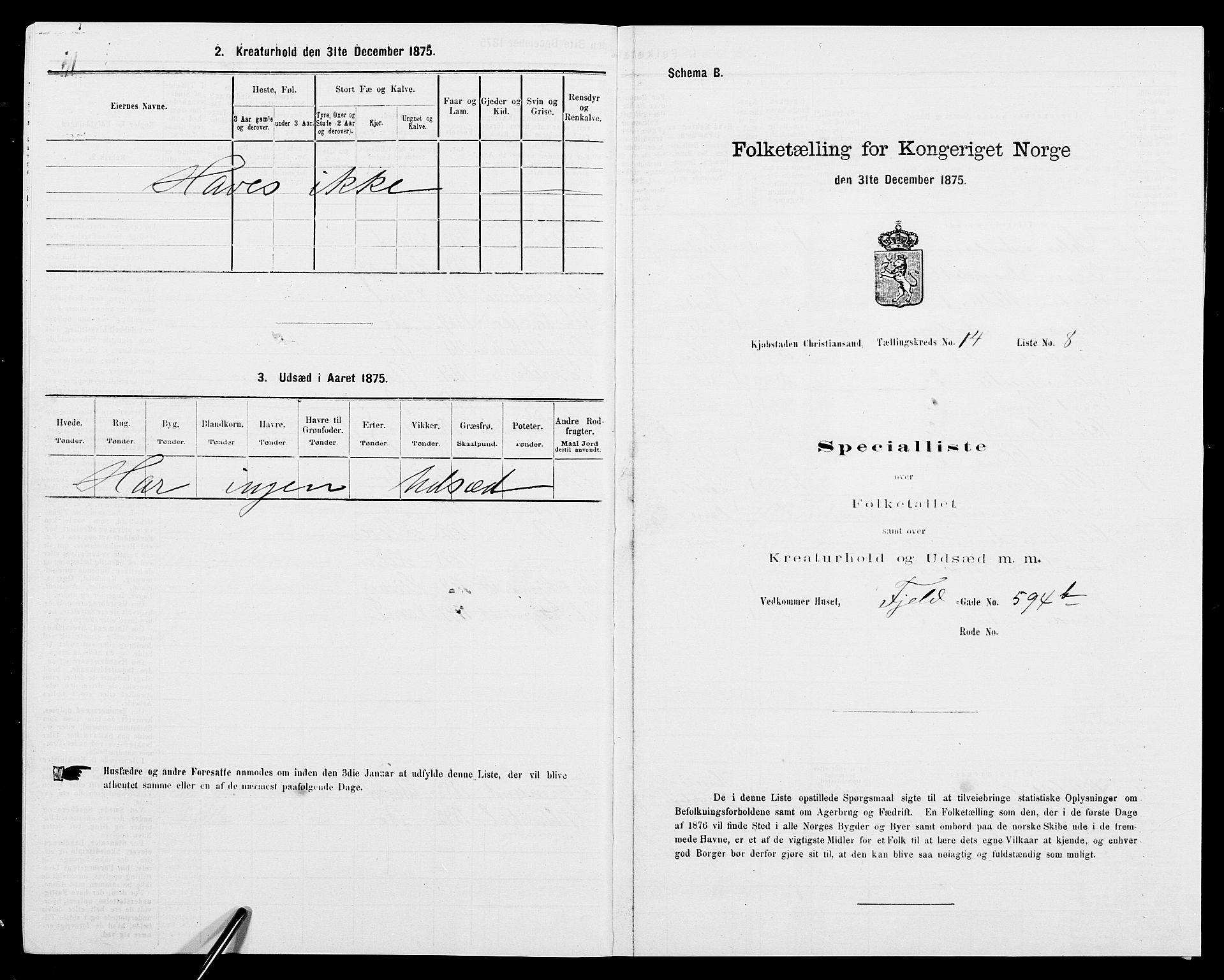 SAK, 1875 census for 1001P Kristiansand, 1875, p. 2190