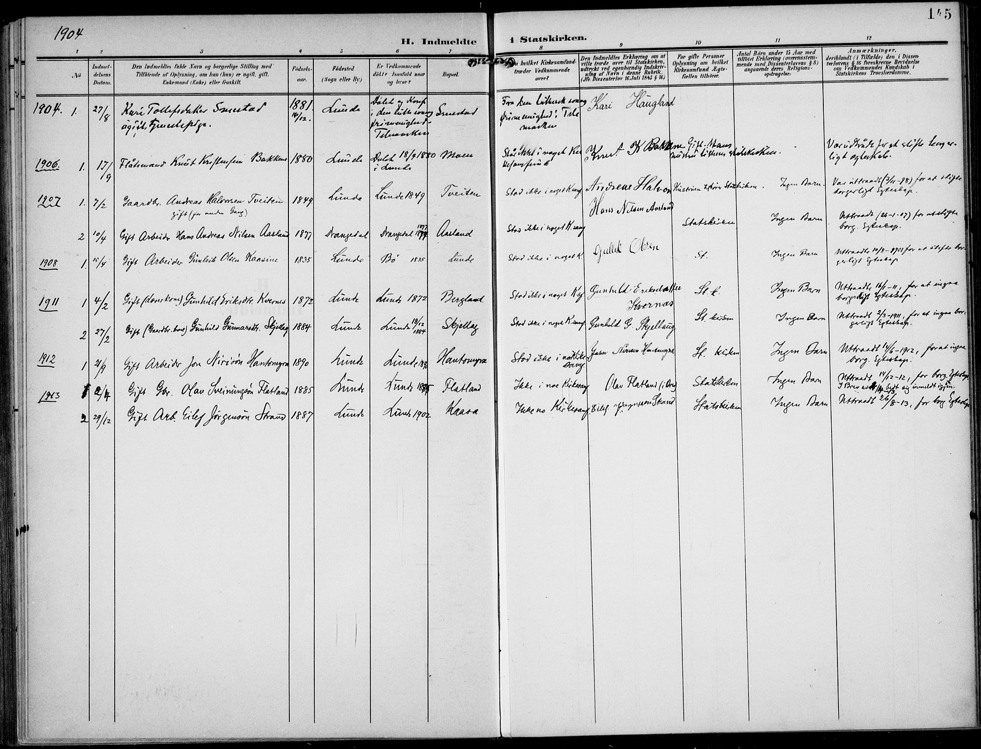 Lunde kirkebøker, SAKO/A-282/F/Fa/L0004: Parish register (official) no. I 4, 1902-1913, p. 145