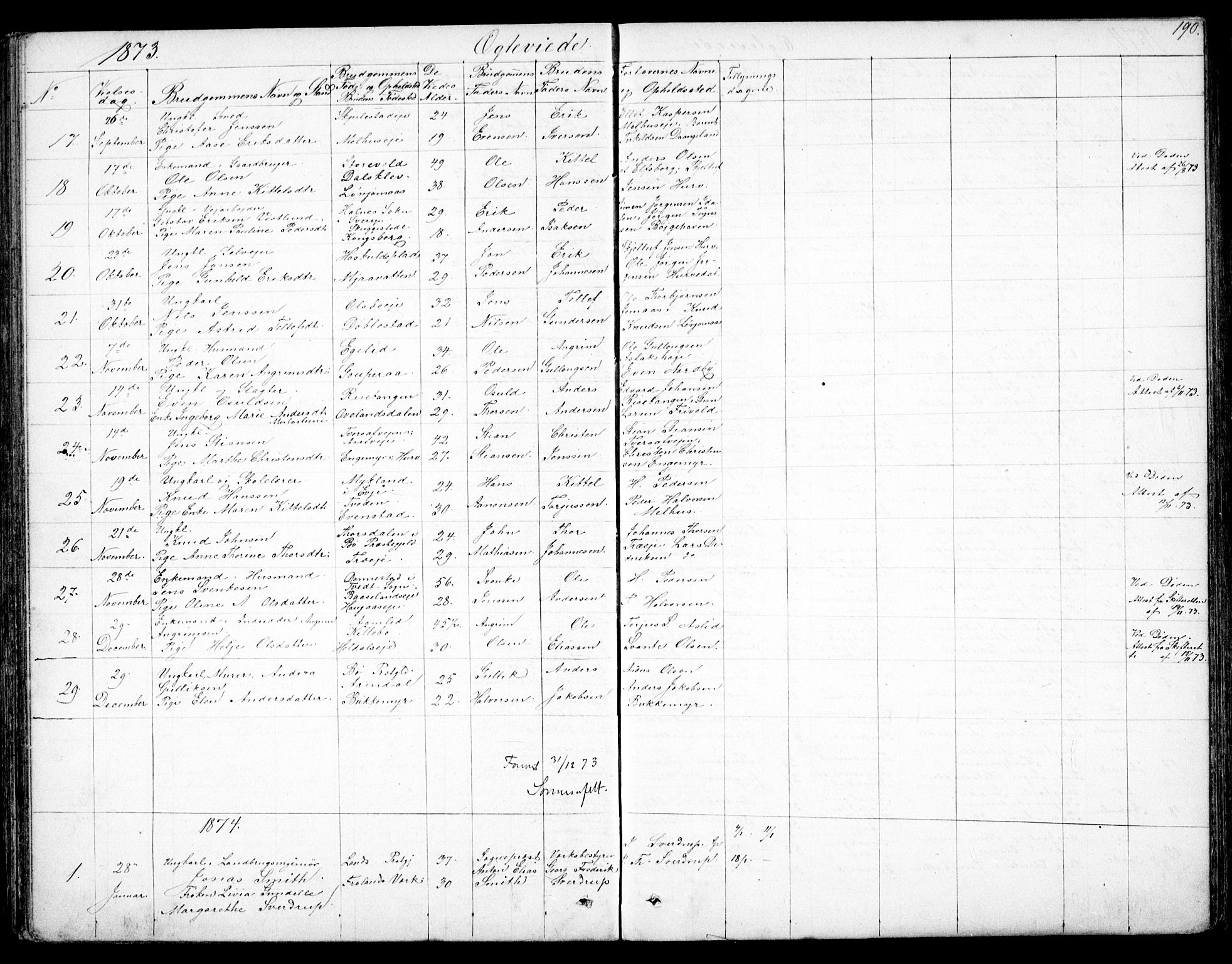 Froland sokneprestkontor, SAK/1111-0013/F/Fb/L0008: Parish register (copy) no. B 8, 1843-1875, p. 190