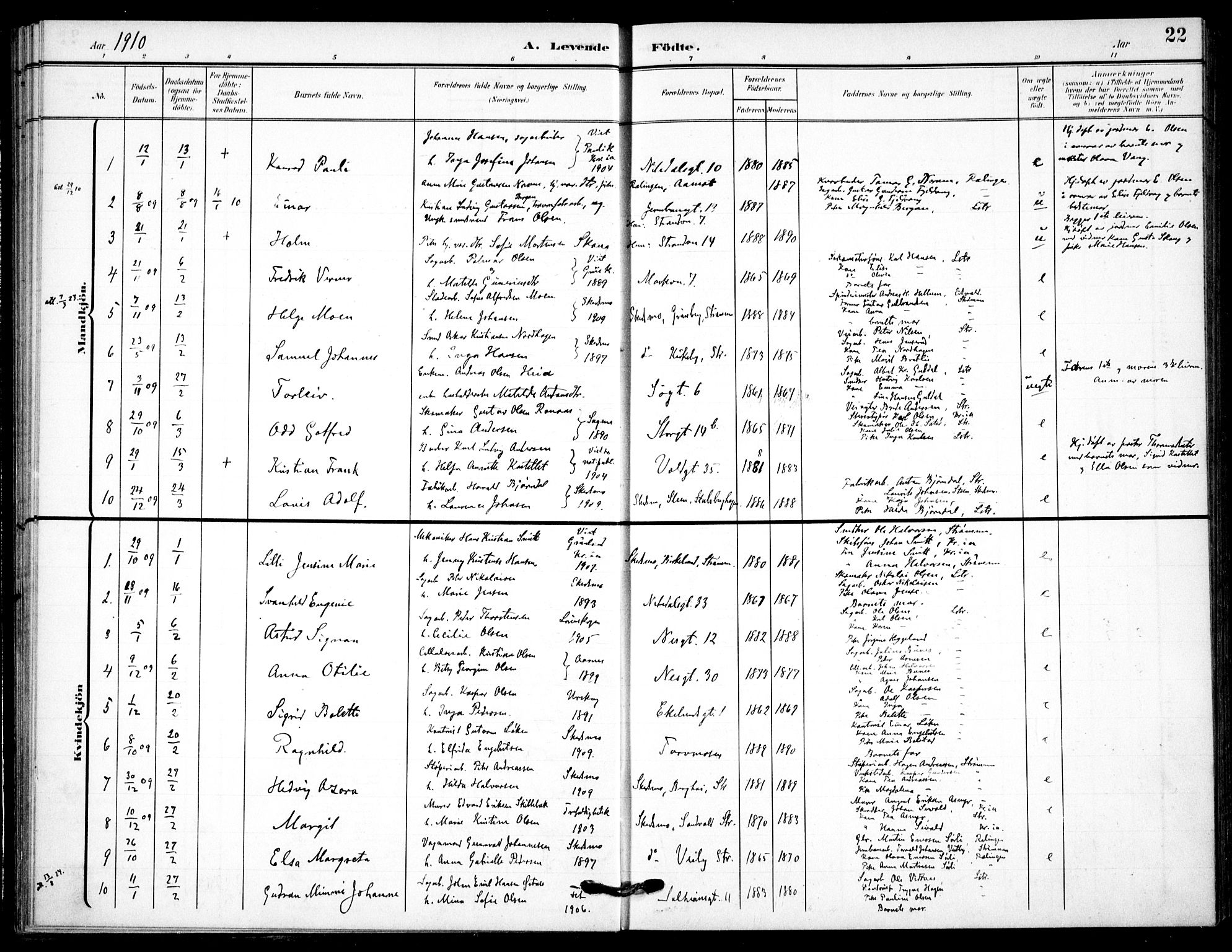 Skedsmo prestekontor Kirkebøker, AV/SAO-A-10033a/F/Fc/L0001: Parish register (official) no. III 1, 1908-1916, p. 22