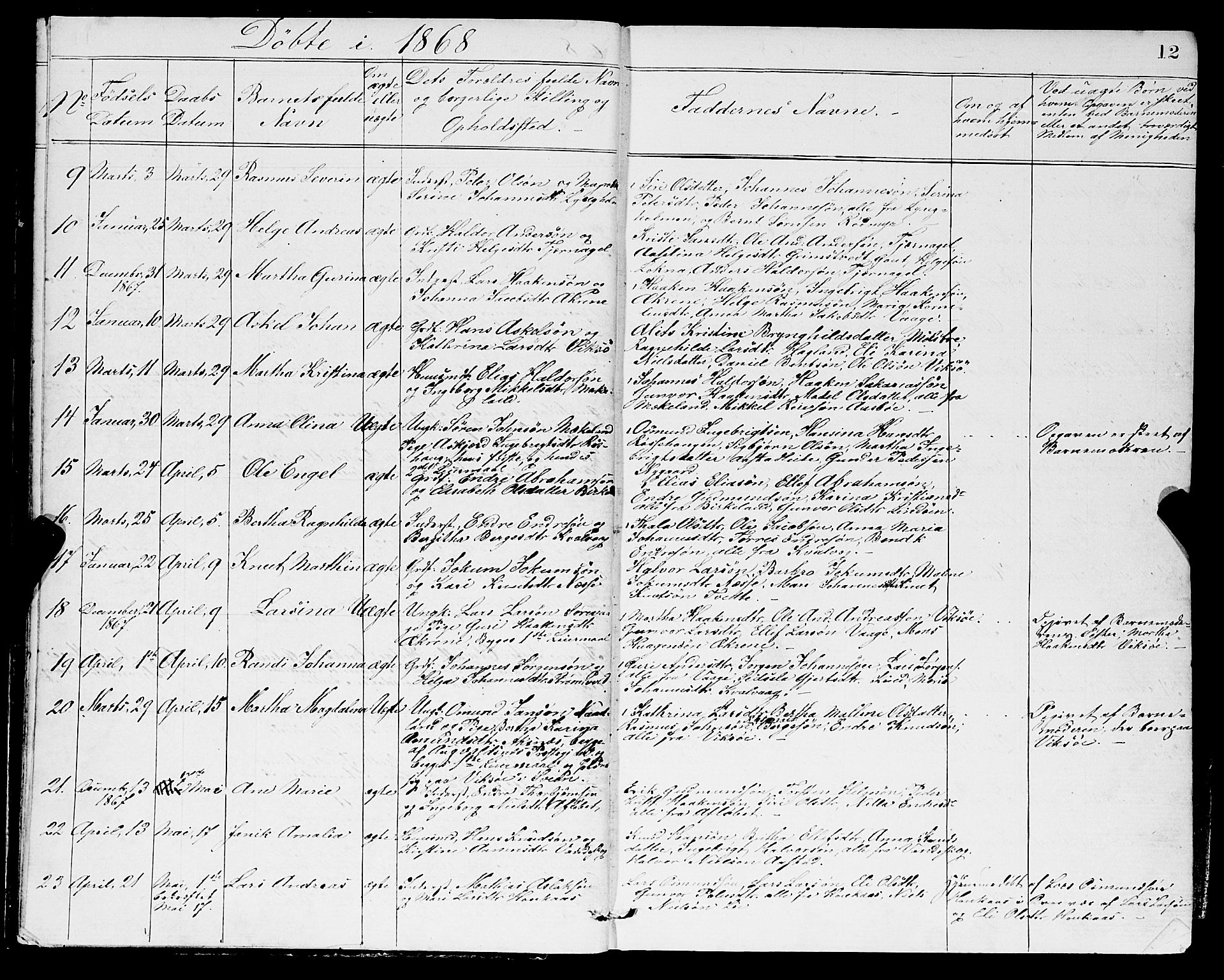 Sveio Sokneprestembete, SAB/A-78501/H/Hab: Parish register (copy) no. A 2, 1866-1877, p. 12
