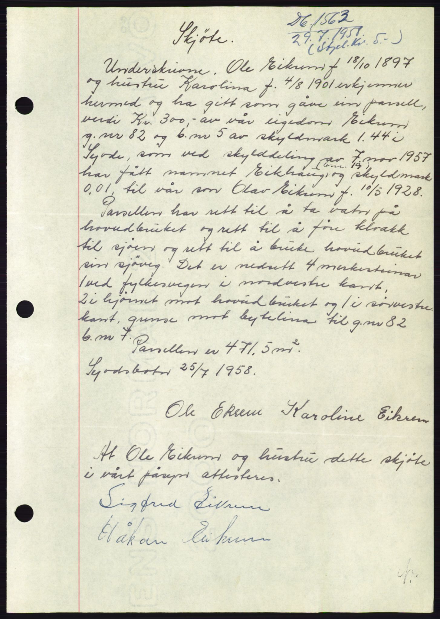 Søre Sunnmøre sorenskriveri, AV/SAT-A-4122/1/2/2C/L0110: Mortgage book no. 36A, 1958-1958, Diary no: : 1563/1958