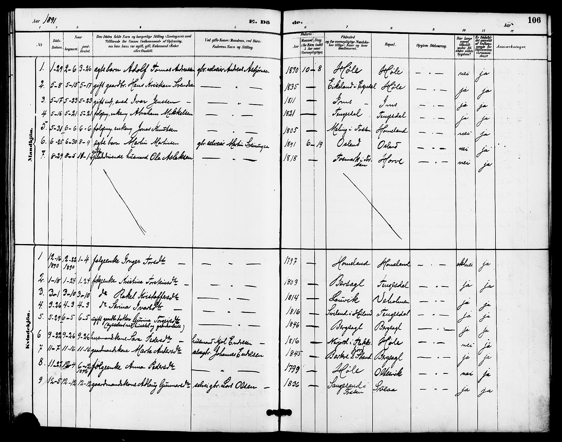 Høgsfjord sokneprestkontor, AV/SAST-A-101624/H/Ha/Haa/L0005: Parish register (official) no. A 5, 1885-1897, p. 106