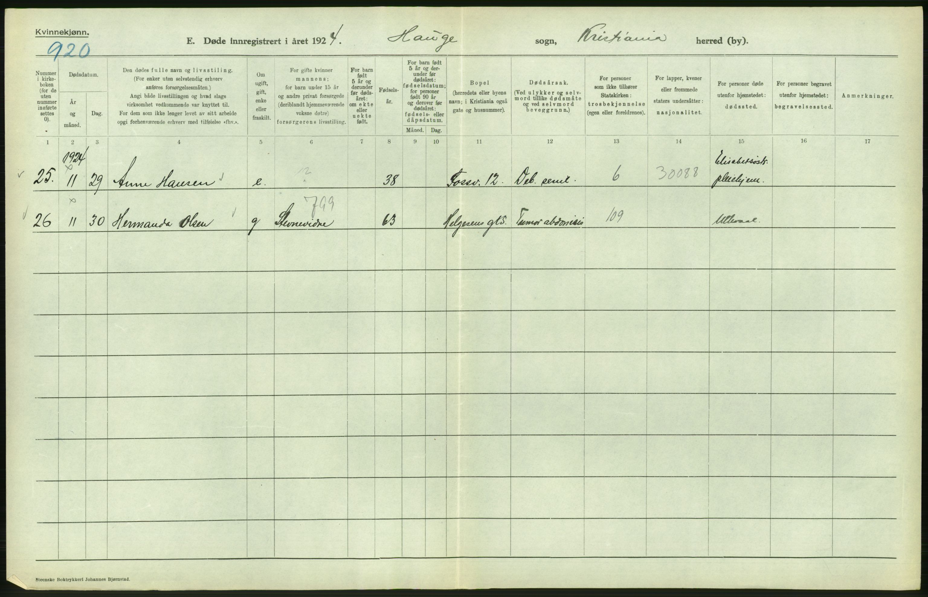 Statistisk sentralbyrå, Sosiodemografiske emner, Befolkning, AV/RA-S-2228/D/Df/Dfc/Dfcd/L0009: Kristiania: Døde kvinner, dødfødte, 1924, p. 492