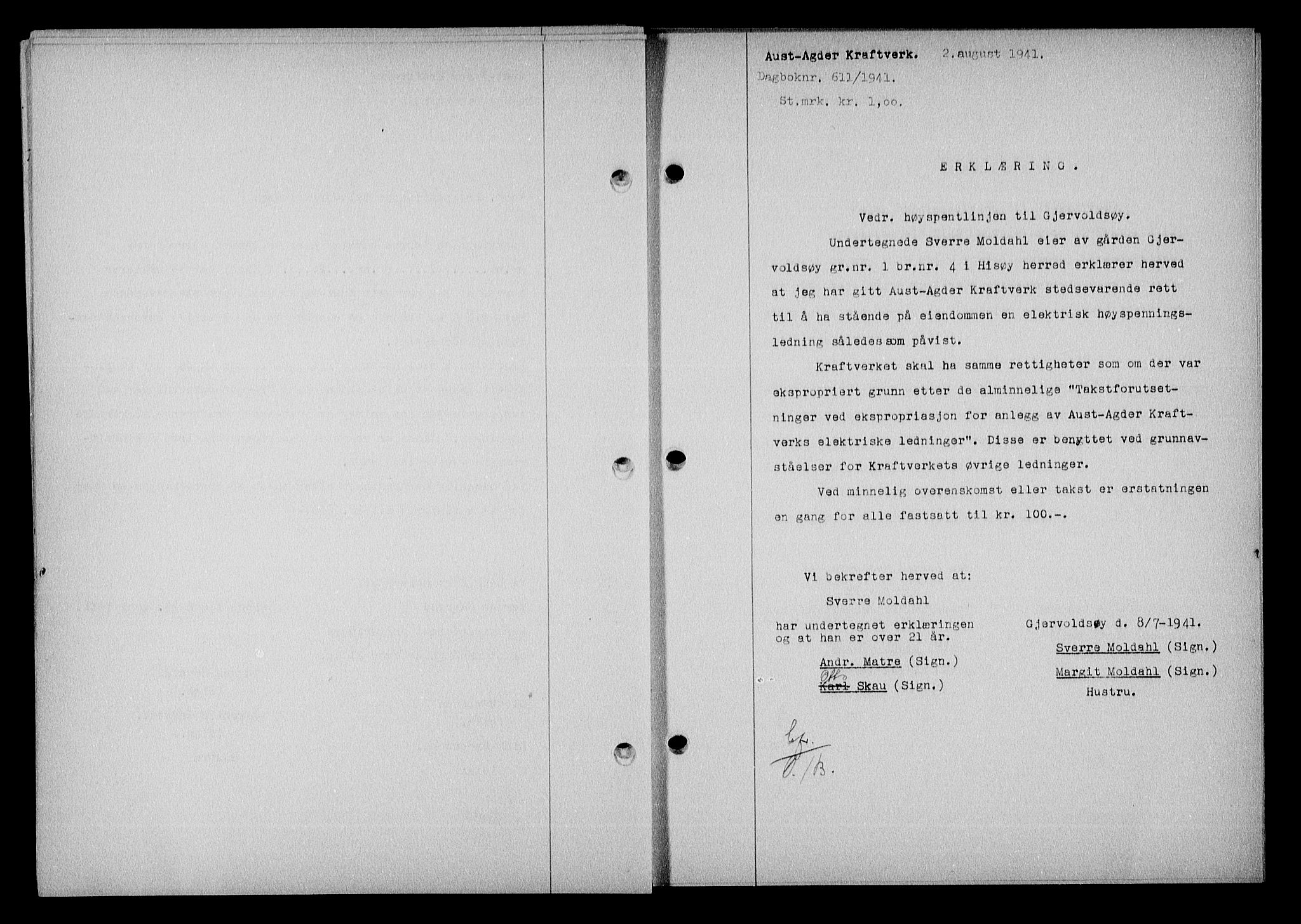 Nedenes sorenskriveri, AV/SAK-1221-0006/G/Gb/Gba/L0048: Mortgage book no. A-II, 1940-1941, Diary no: : 611/1941