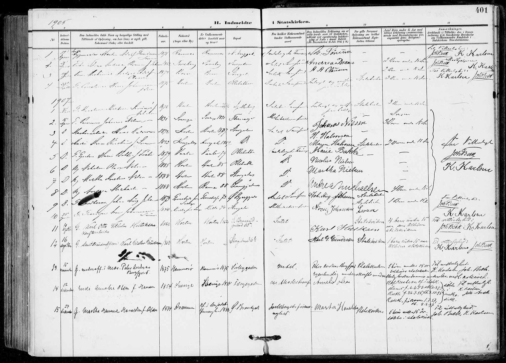 Horten kirkebøker, AV/SAKO-A-348/F/Fa/L0006: Parish register (official) no. 6, 1905-1912, p. 401