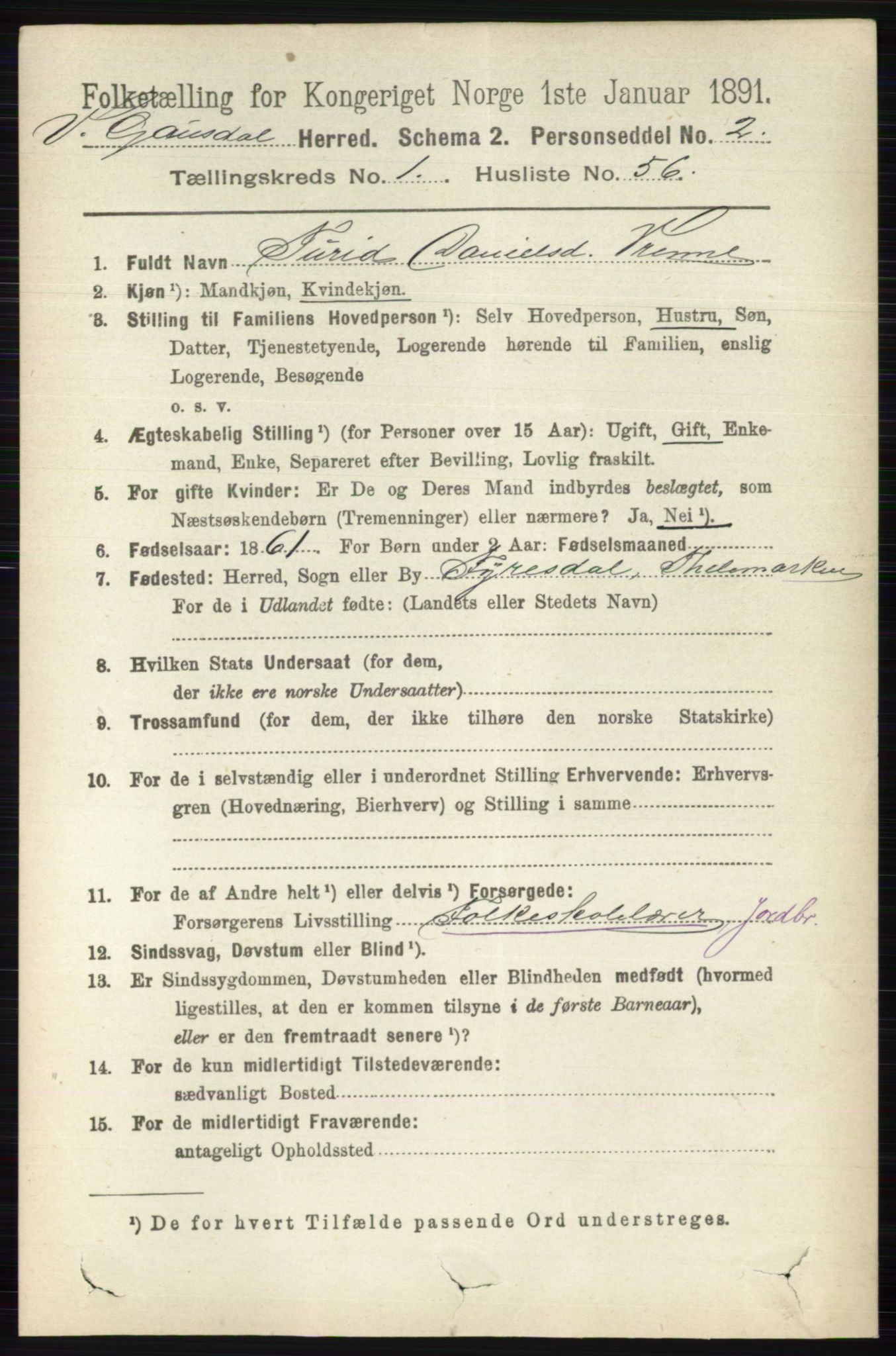 RA, 1891 census for 0523 Vestre Gausdal, 1891, p. 379