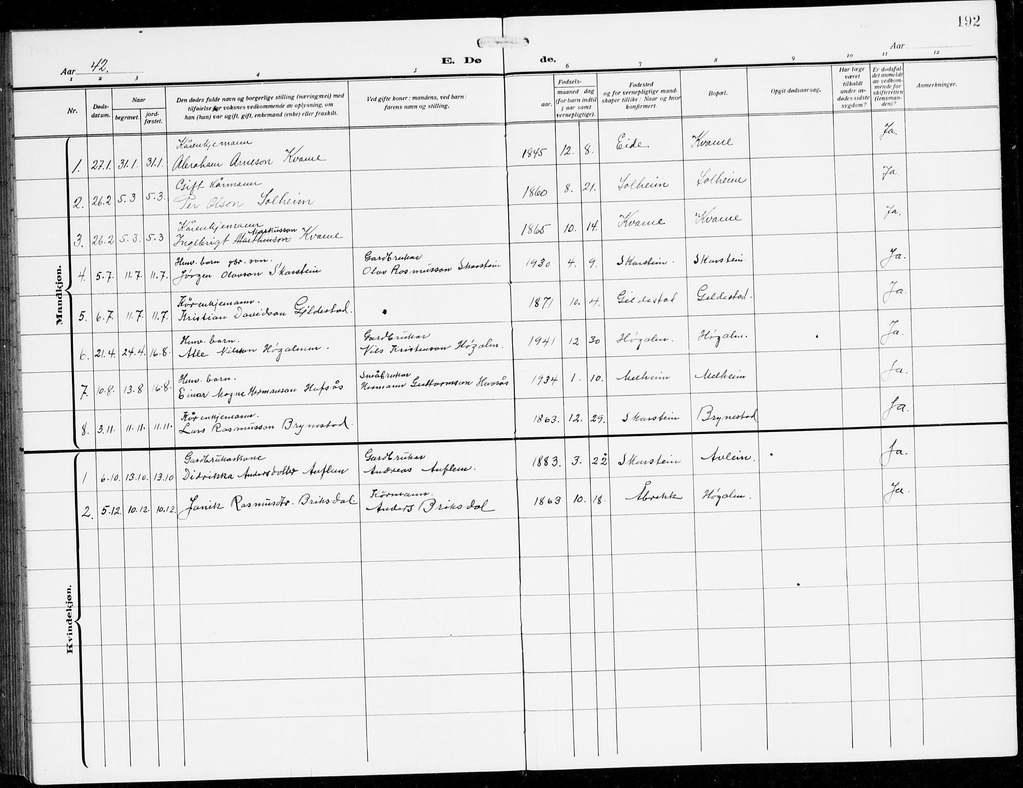 Innvik sokneprestembete, AV/SAB-A-80501: Parish register (copy) no. B 5, 1915-1943, p. 192