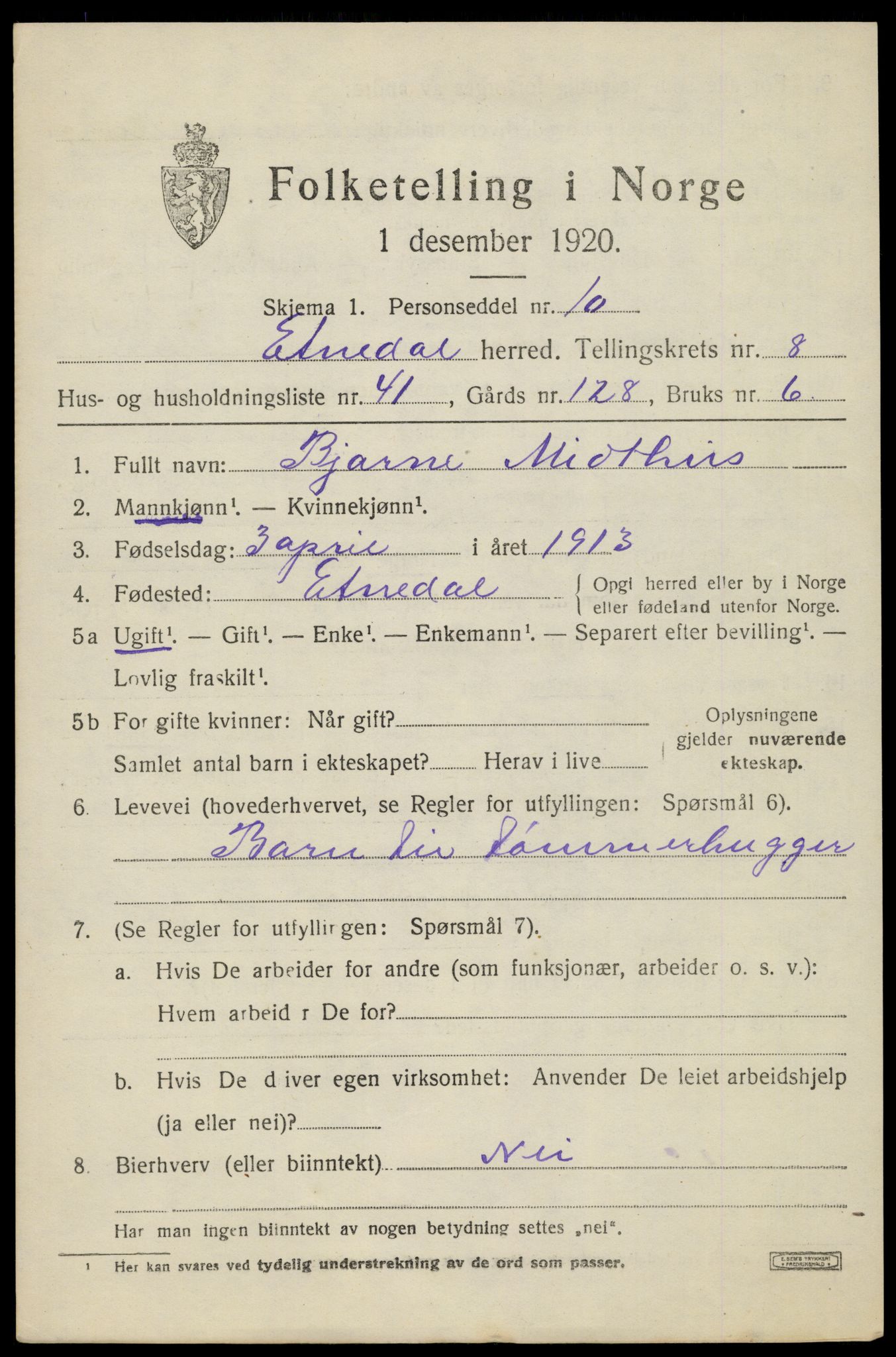 SAH, 1920 census for Etnedal, 1920, p. 3948