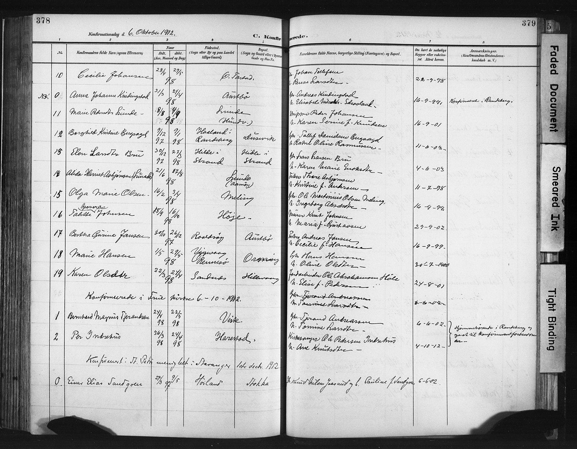 Hetland sokneprestkontor, SAST/A-101826/30/30BA/L0013: Parish register (official) no. A 13, 1904-1918, p. 378-379