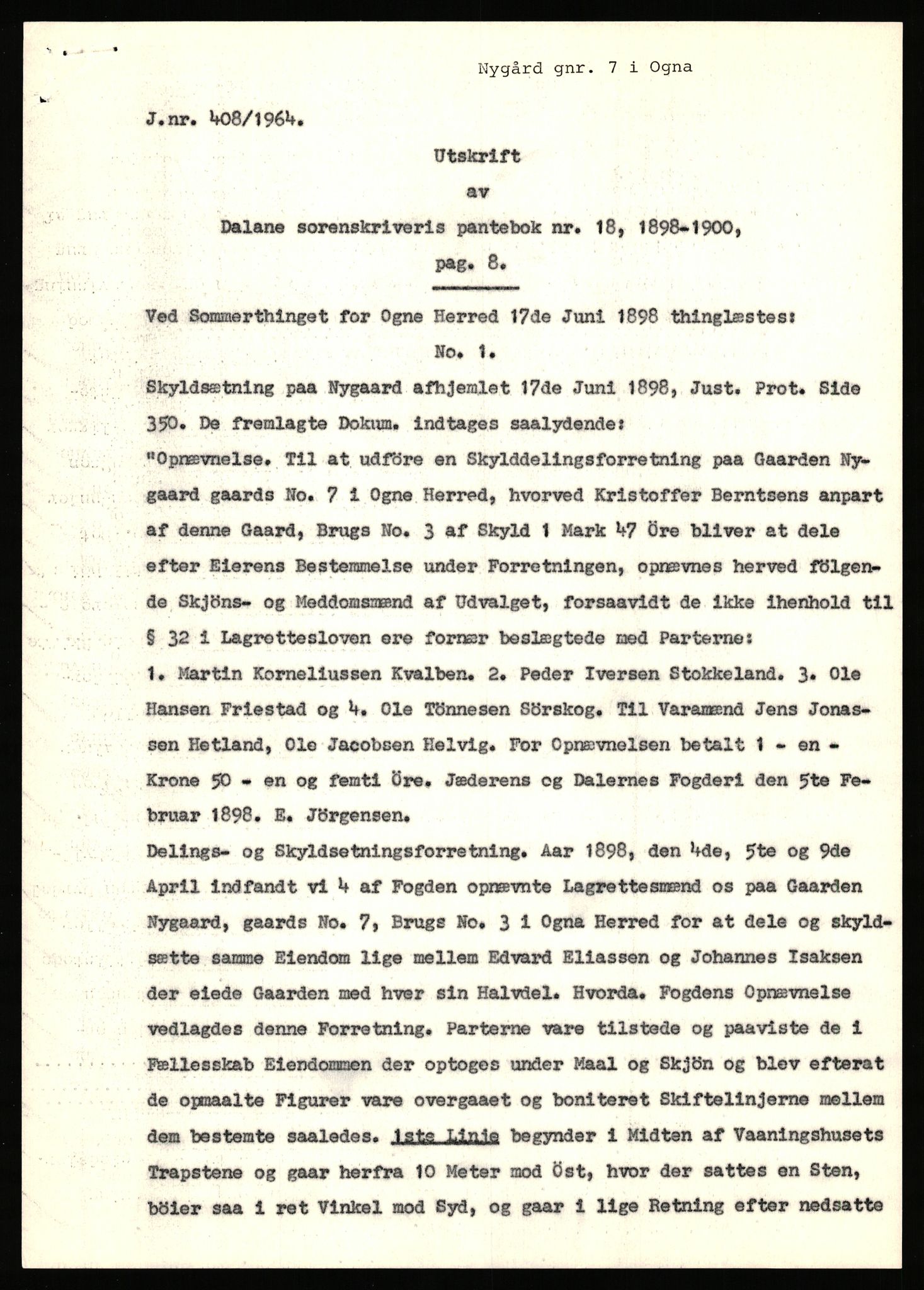 Statsarkivet i Stavanger, AV/SAST-A-101971/03/Y/Yj/L0064: Avskrifter sortert etter gårdsnavn: Noreim - Odland i Bjerkreim, 1750-1930, p. 288