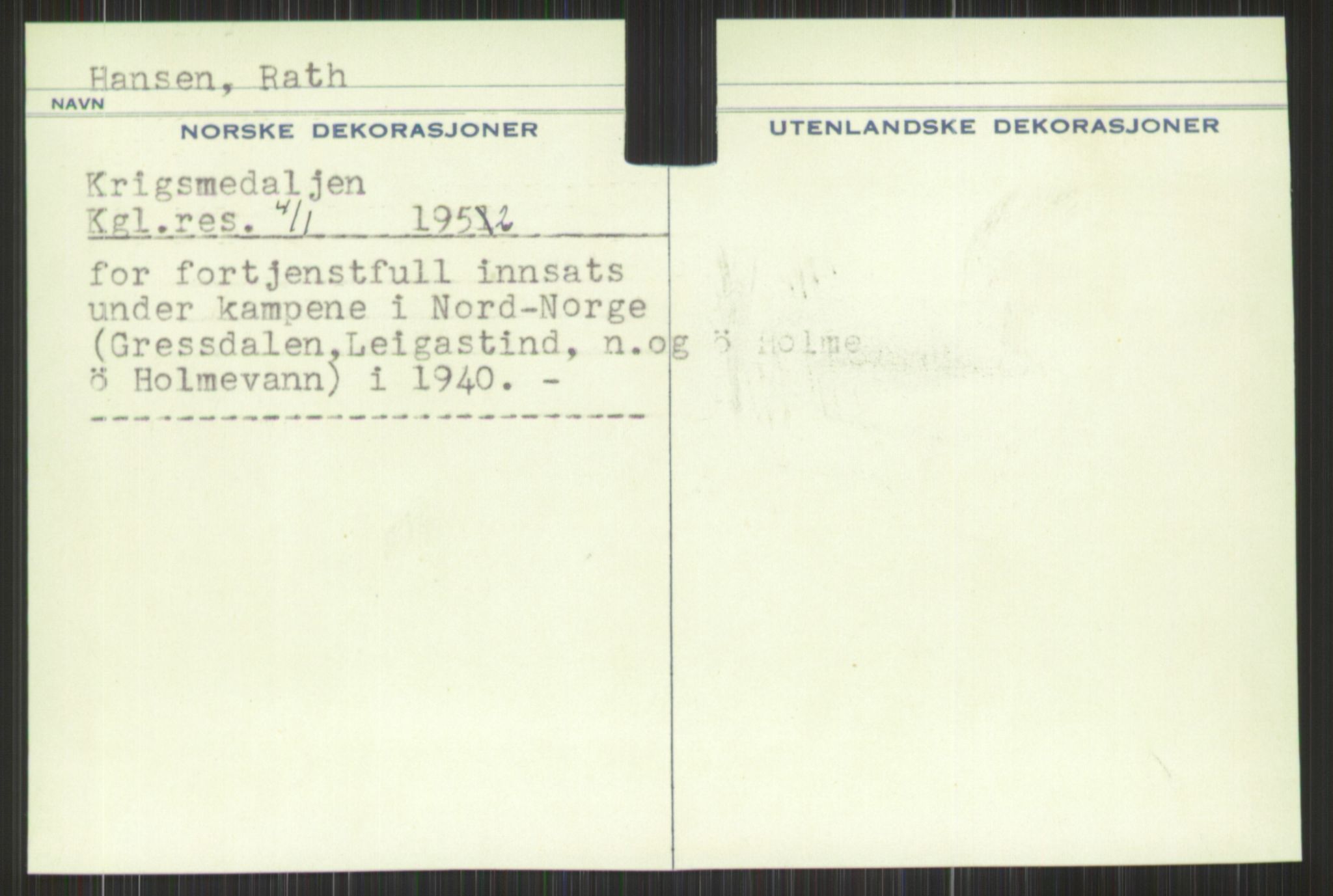 Forsvaret, Krigsdekorasjonskanselliet, AV/RA-RAFA-5156/G/Gd/L0001: Diverse registre, 1944-1956, p. 597