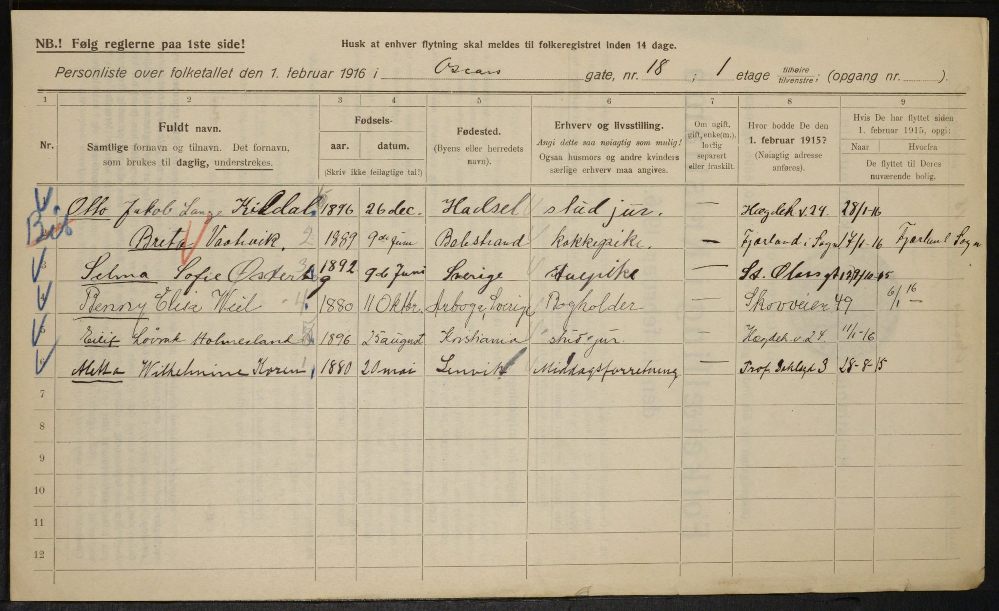 OBA, Municipal Census 1916 for Kristiania, 1916, p. 78120