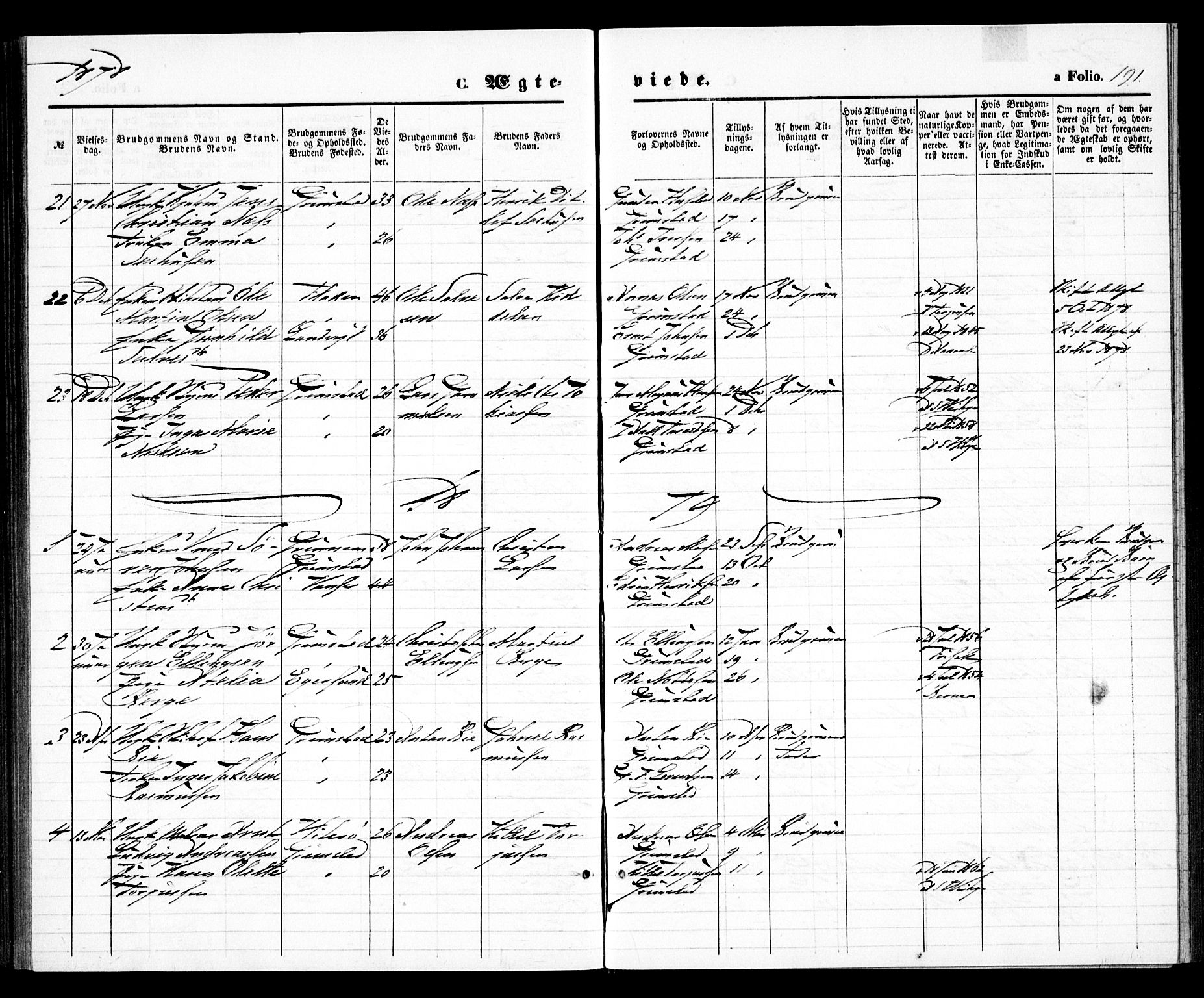 Grimstad sokneprestkontor, SAK/1111-0017/F/Fa/L0002: Parish register (official) no. A 1, 1869-1881, p. 191