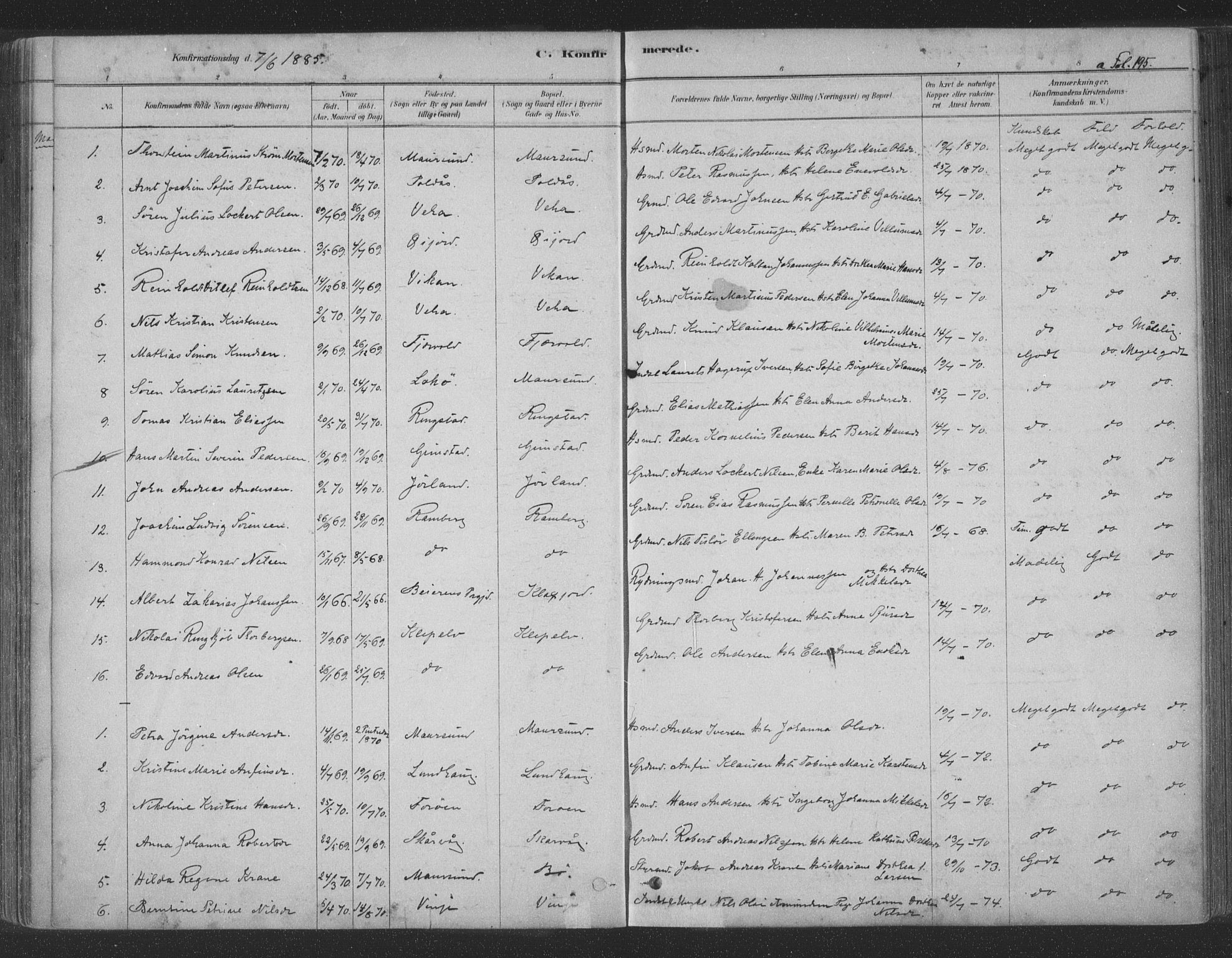 Ministerialprotokoller, klokkerbøker og fødselsregistre - Nordland, AV/SAT-A-1459/891/L1302: Parish register (official) no. 891A07, 1878-1895, p. 195