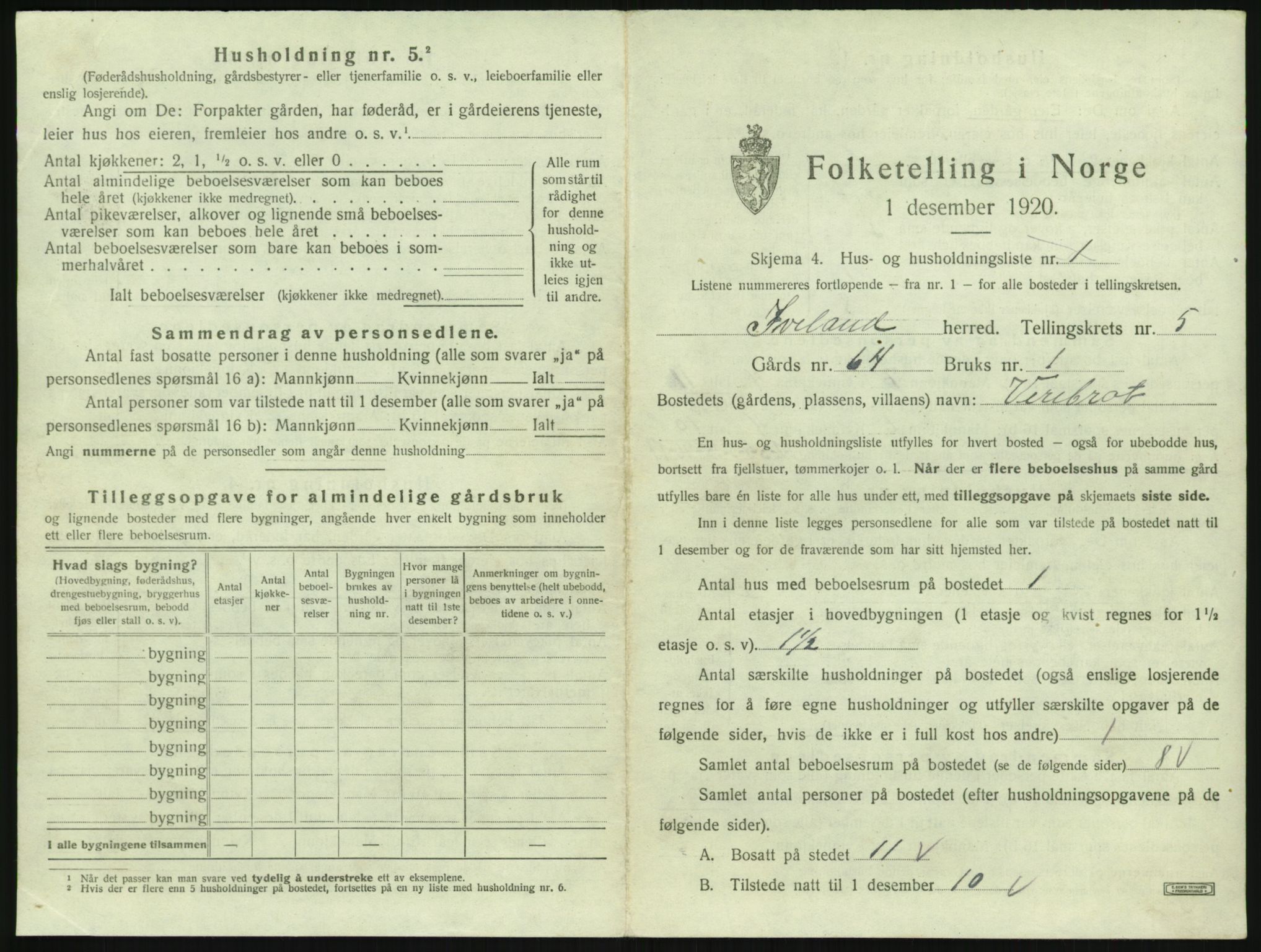 SAK, 1920 census for Iveland, 1920, p. 241