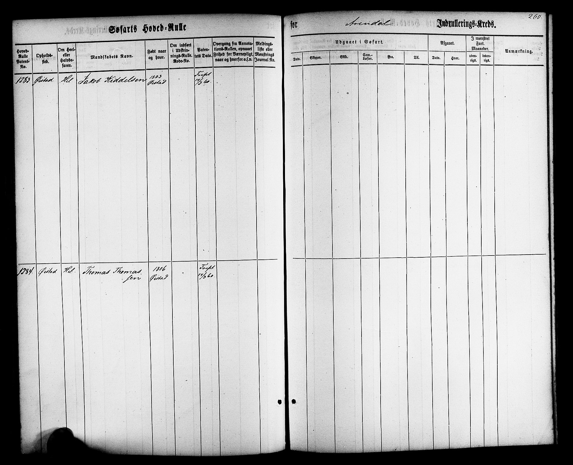 Arendal mønstringskrets, AV/SAK-2031-0012/F/Fb/L0009: Hovedrulle nr 767-1532, S-7, 1857-1864, p. 262