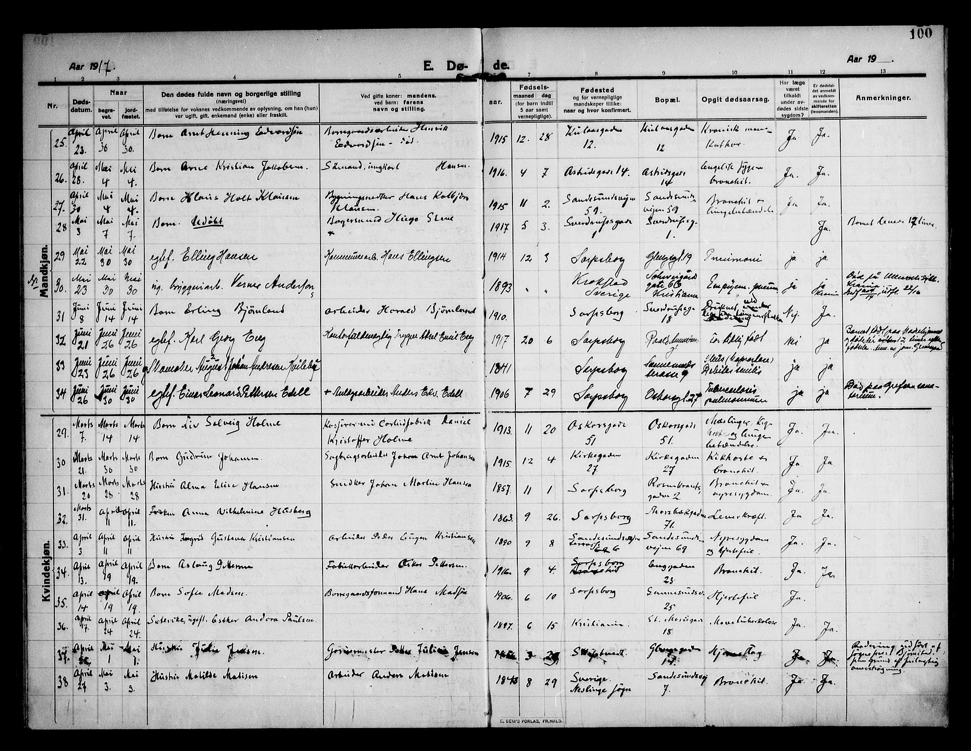 Sarpsborg prestekontor Kirkebøker, AV/SAO-A-2006/F/Fa/L0007: Parish register (official) no. 7, 1910-1918, p. 100