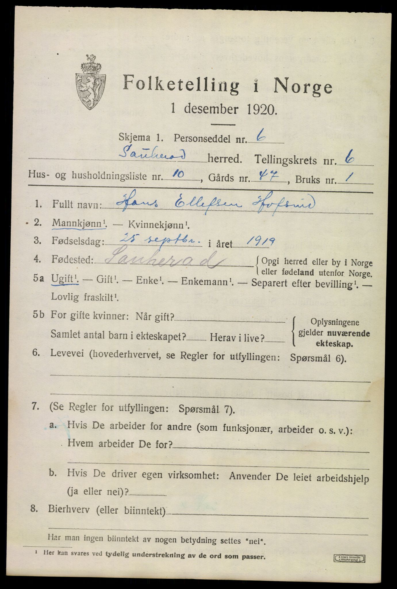 SAKO, 1920 census for Sauherad, 1920, p. 5171