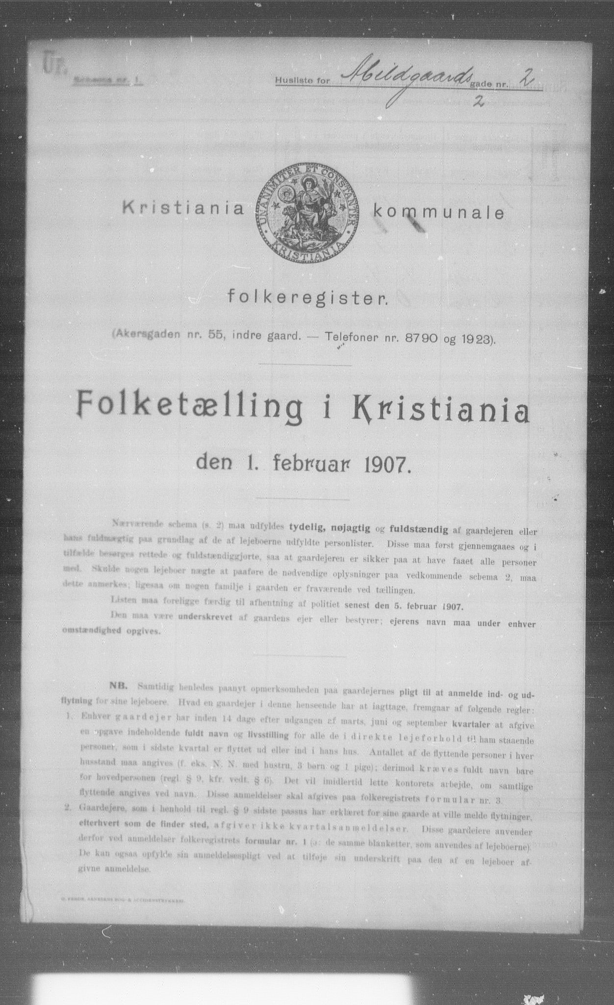 OBA, Municipal Census 1907 for Kristiania, 1907, p. 3