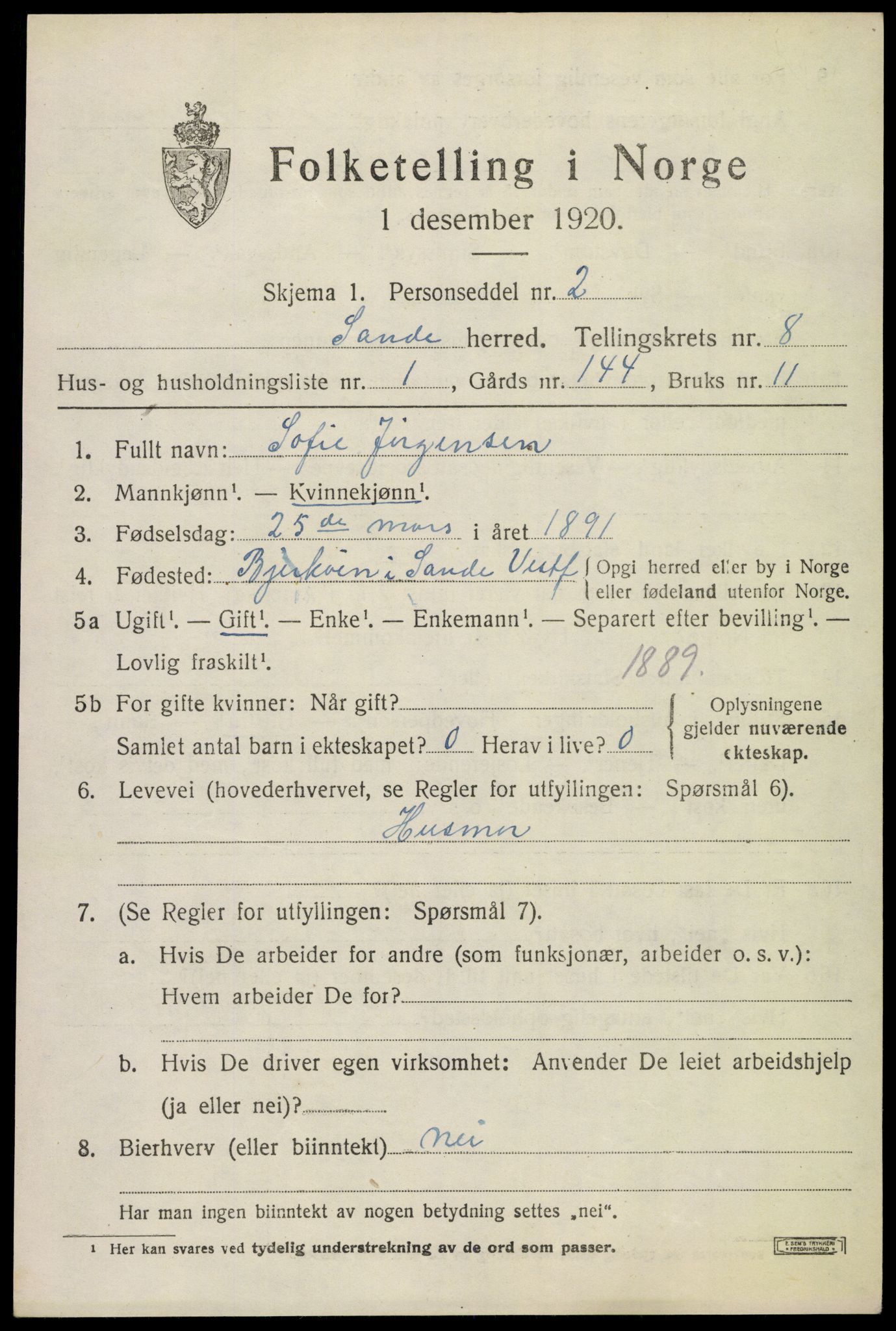 SAKO, 1920 census for Sande, 1920, p. 8958