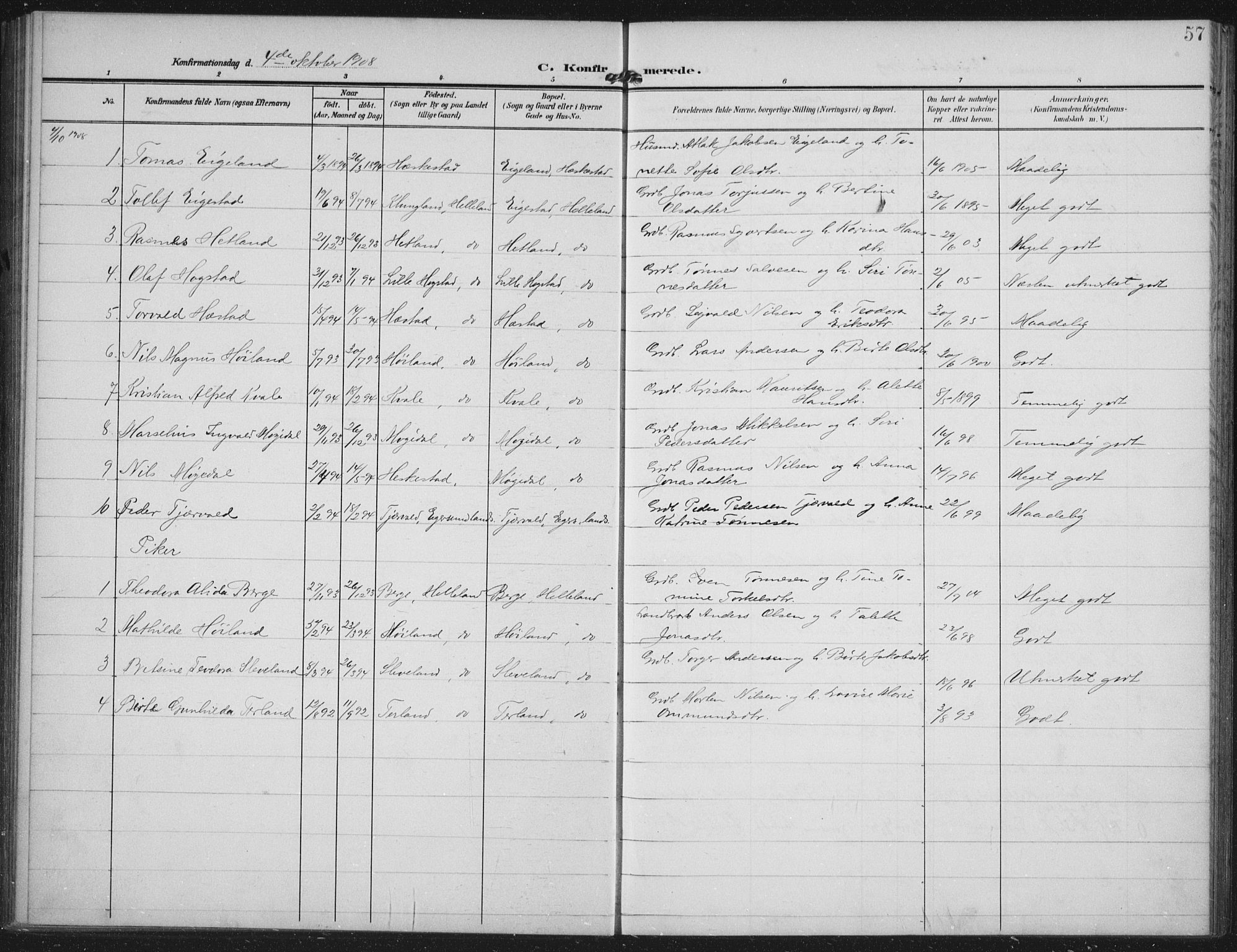 Helleland sokneprestkontor, SAST/A-101810: Parish register (official) no. A 12, 1906-1923, p. 57
