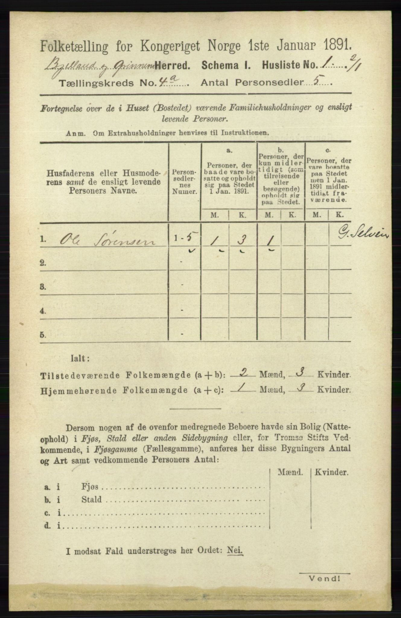 RA, 1891 census for 1024 Bjelland og Grindheim, 1891, p. 2027