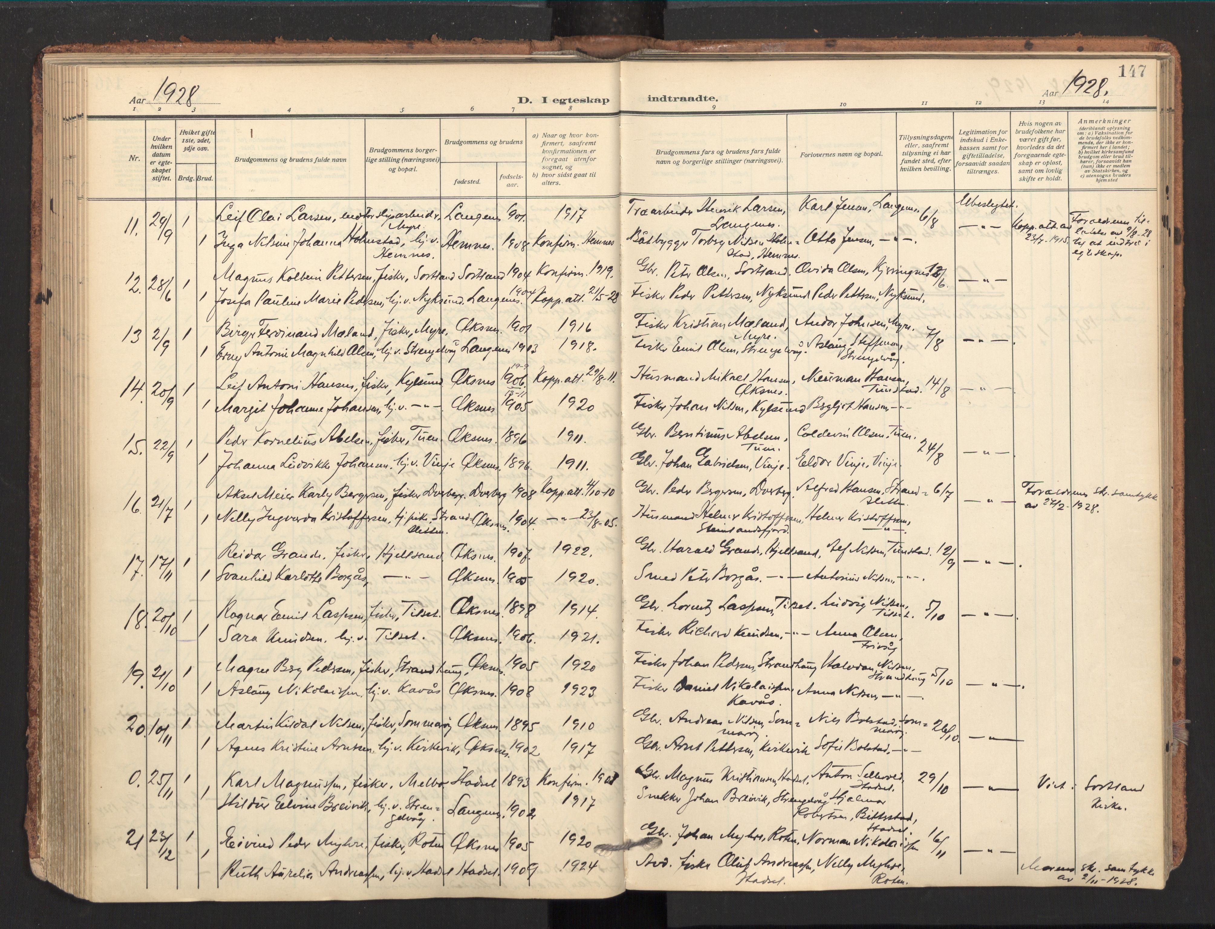 Ministerialprotokoller, klokkerbøker og fødselsregistre - Nordland, AV/SAT-A-1459/893/L1343: Parish register (official) no. 893A15, 1914-1928, p. 147