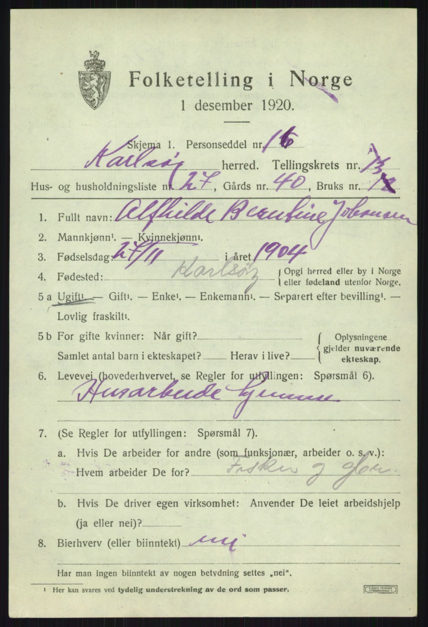 SATØ, 1920 census for Karlsøy, 1920, p. 5032