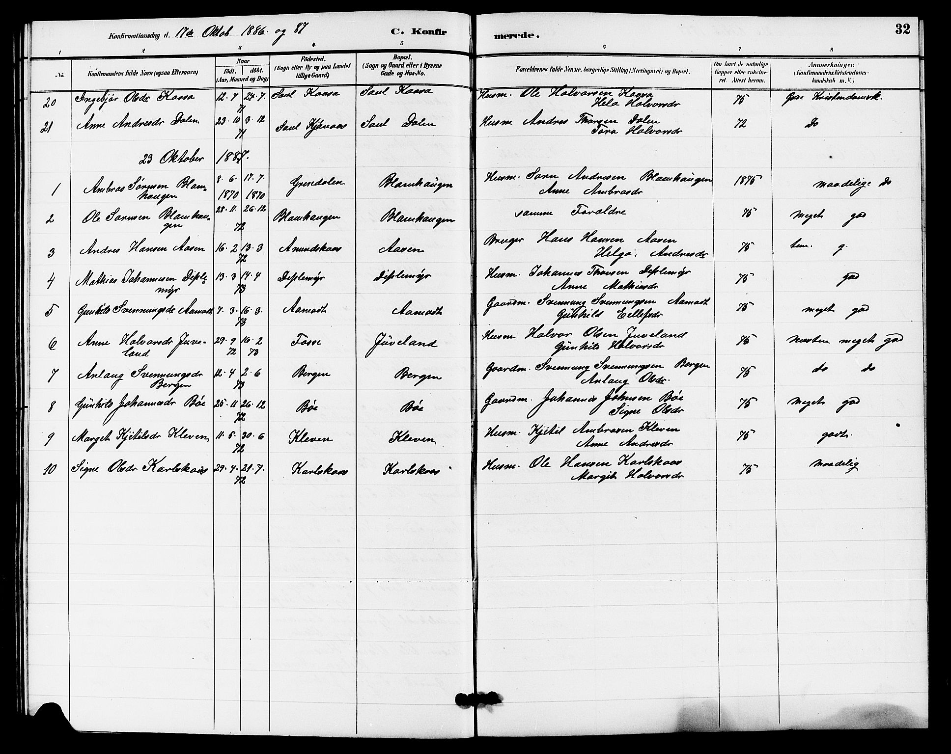Hjartdal kirkebøker, SAKO/A-270/G/Gb/L0003: Parish register (copy) no. II 3, 1884-1899, p. 32