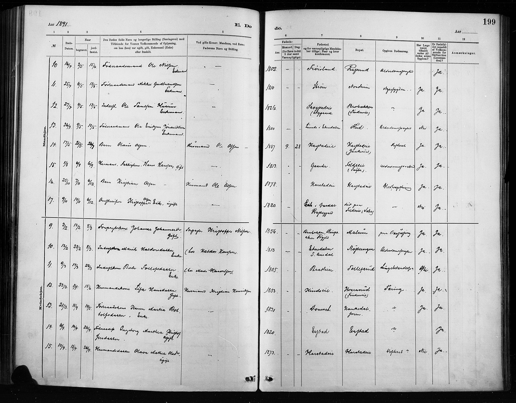 Nordre Land prestekontor, SAH/PREST-124/H/Ha/Haa/L0004: Parish register (official) no. 4, 1882-1896, p. 199